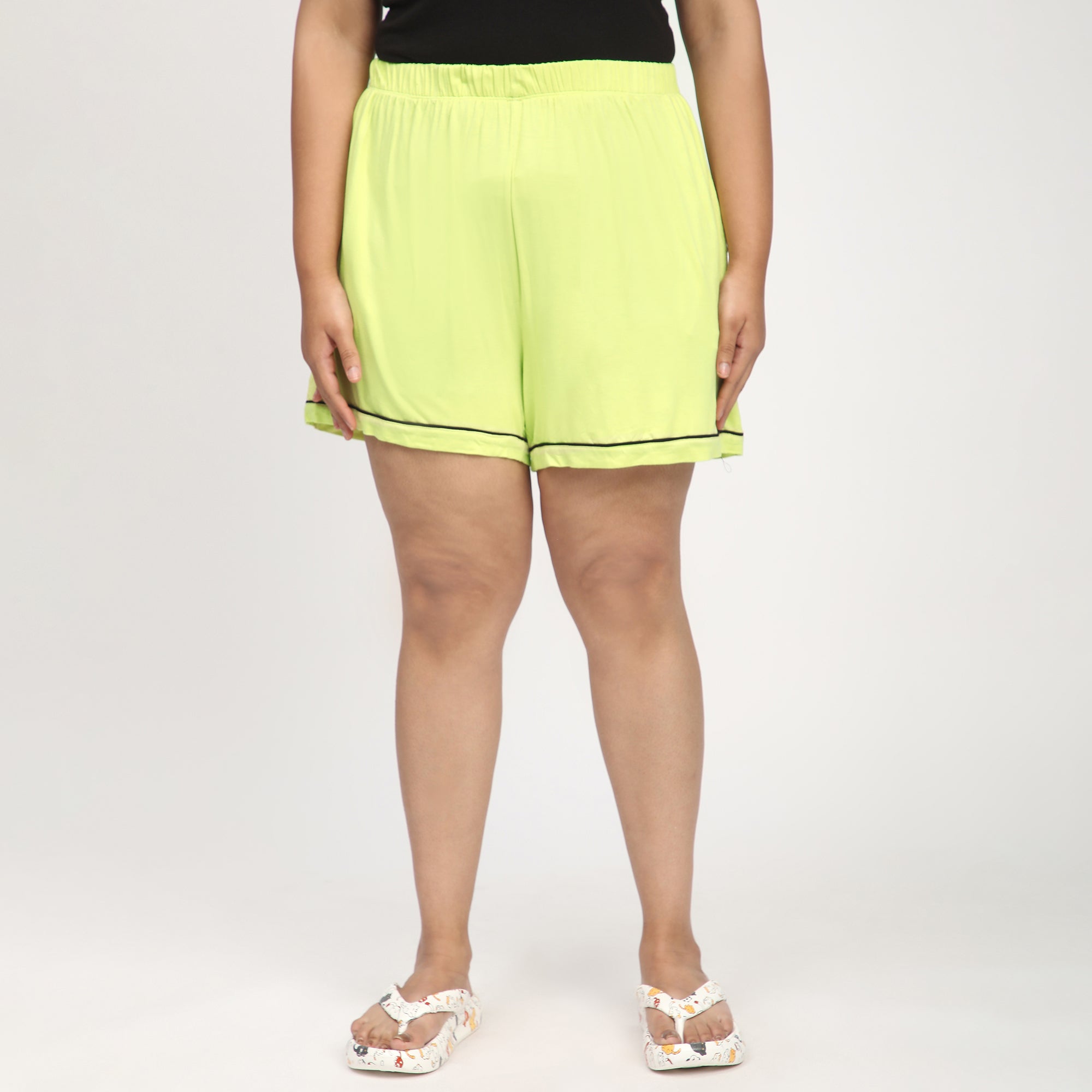 Lime Green Plus-Size Viscose Knit Short Set with Contrast Piping