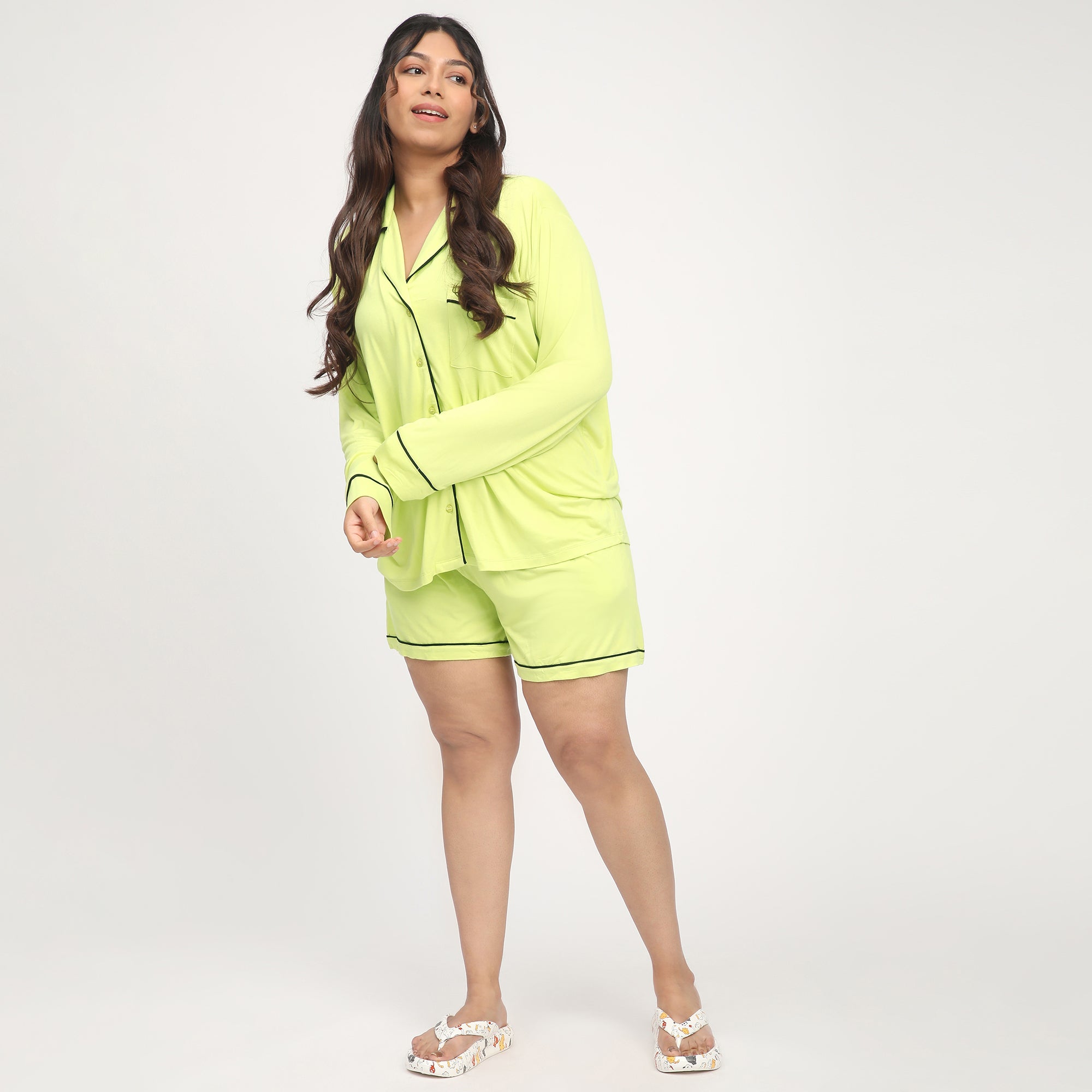 Lime Green Plus-Size Viscose Knit Short Set with Contrast Piping