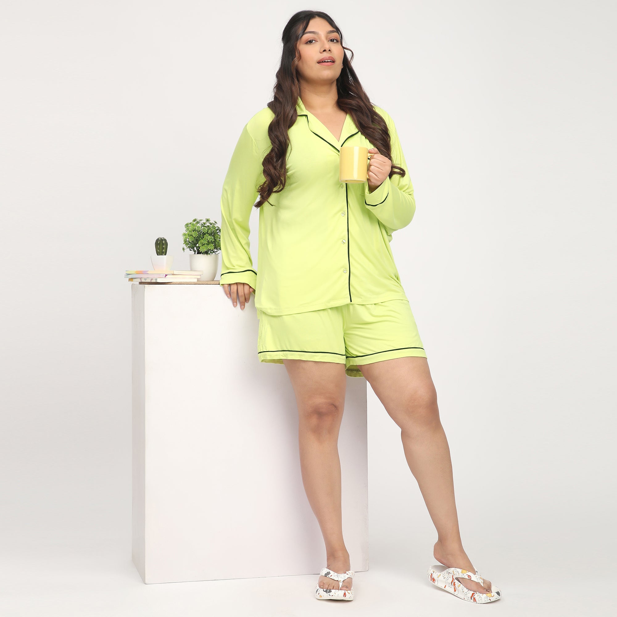 Lime Green Plus-Size Viscose Knit Short Set with Contrast Piping