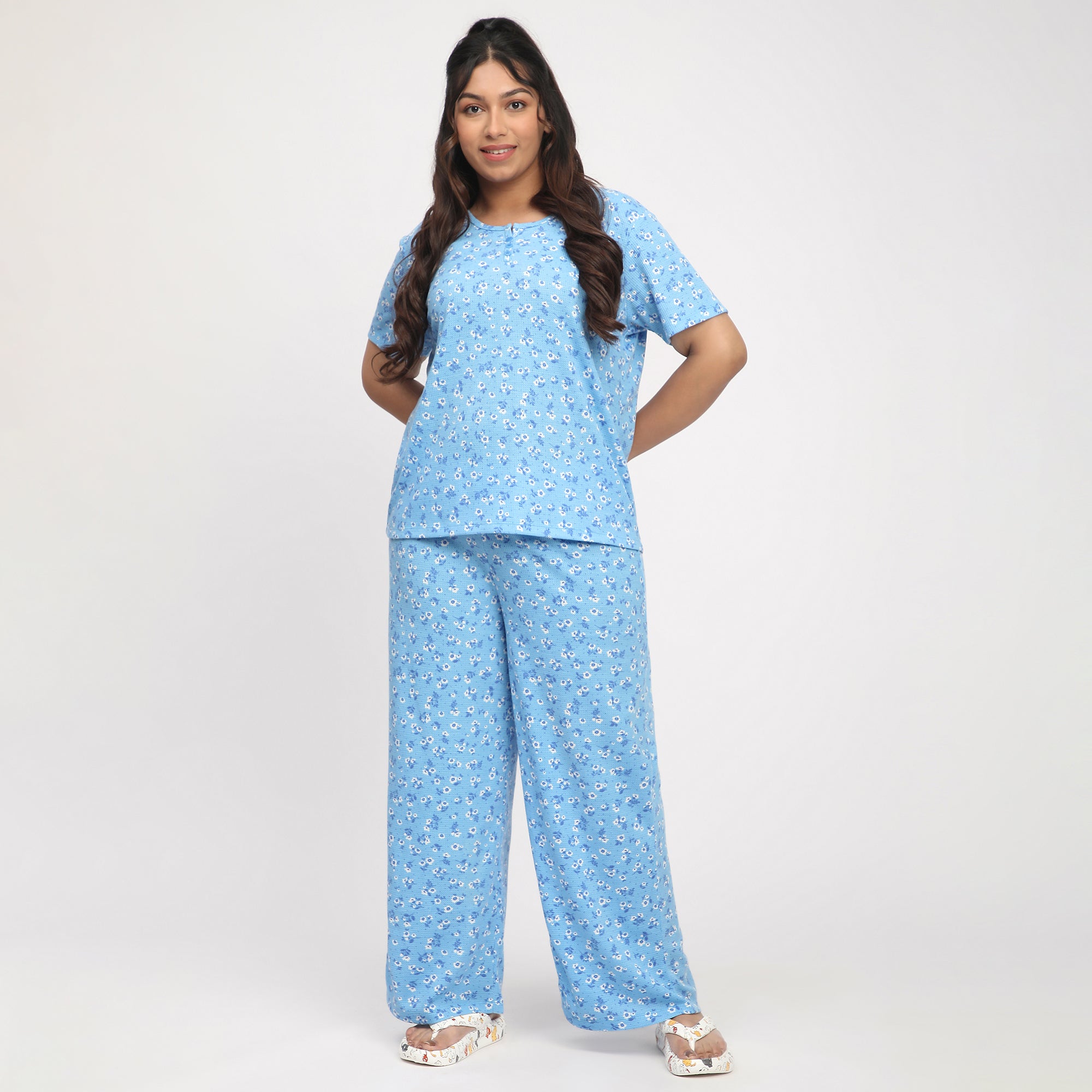 Sky Blue Printed Waffle Plus-Size PJ Set