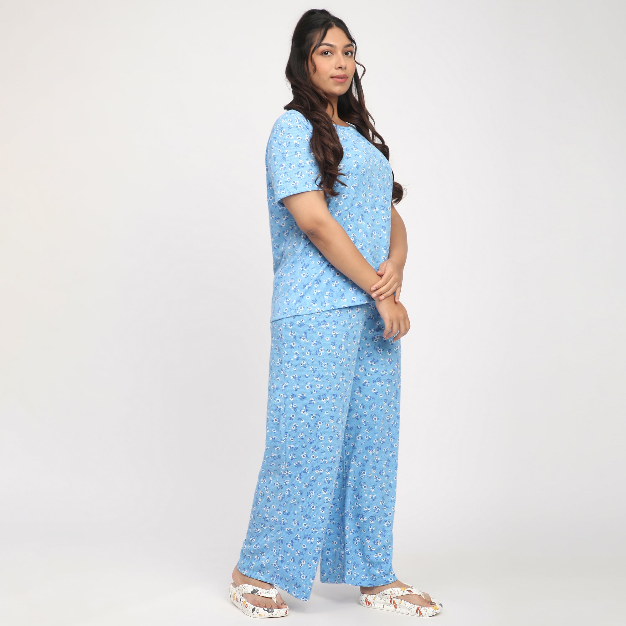 Sky Blue Printed Waffle Plus-Size PJ Set