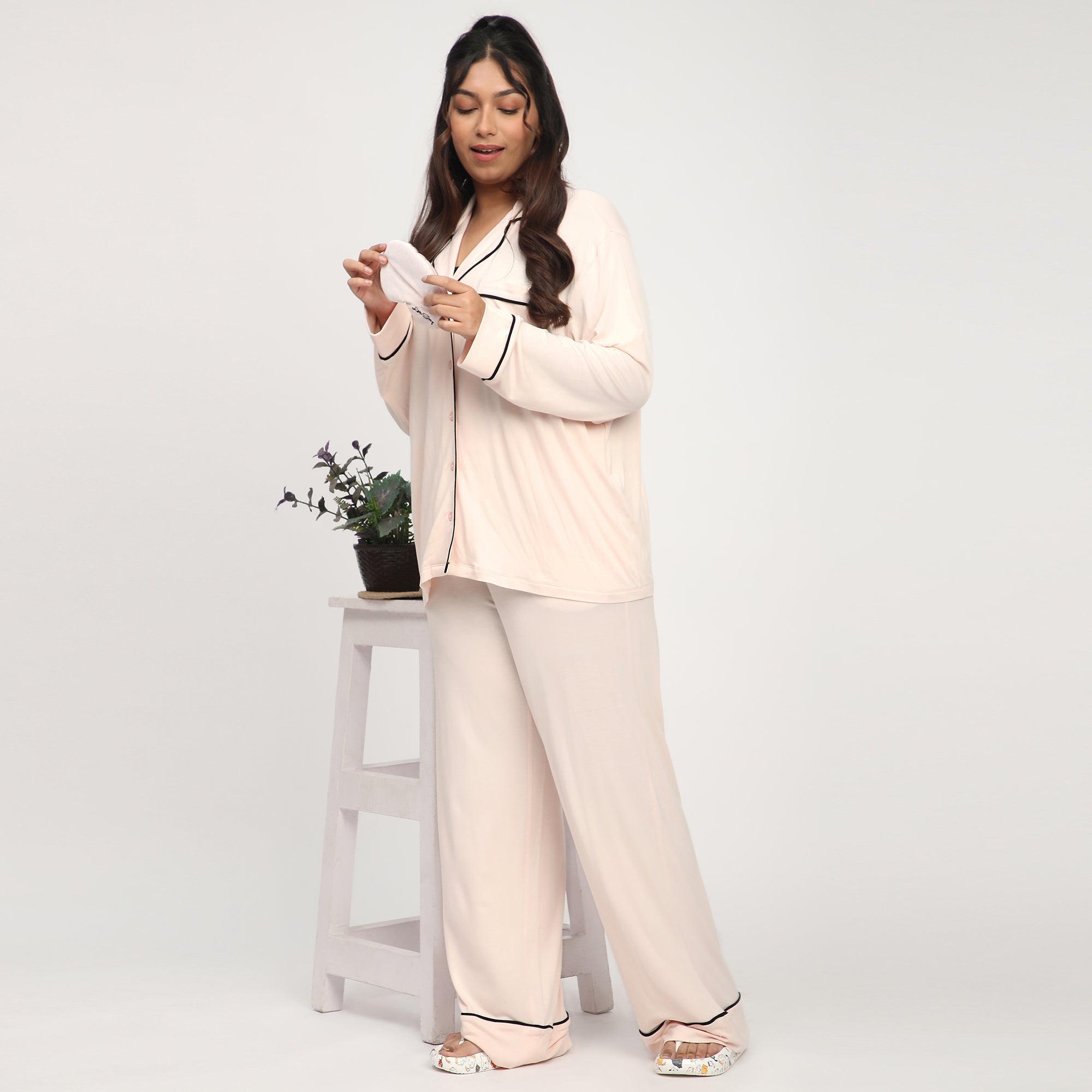 Peach Plus-Size Viscose Knit PJ Set with Contrast Piping