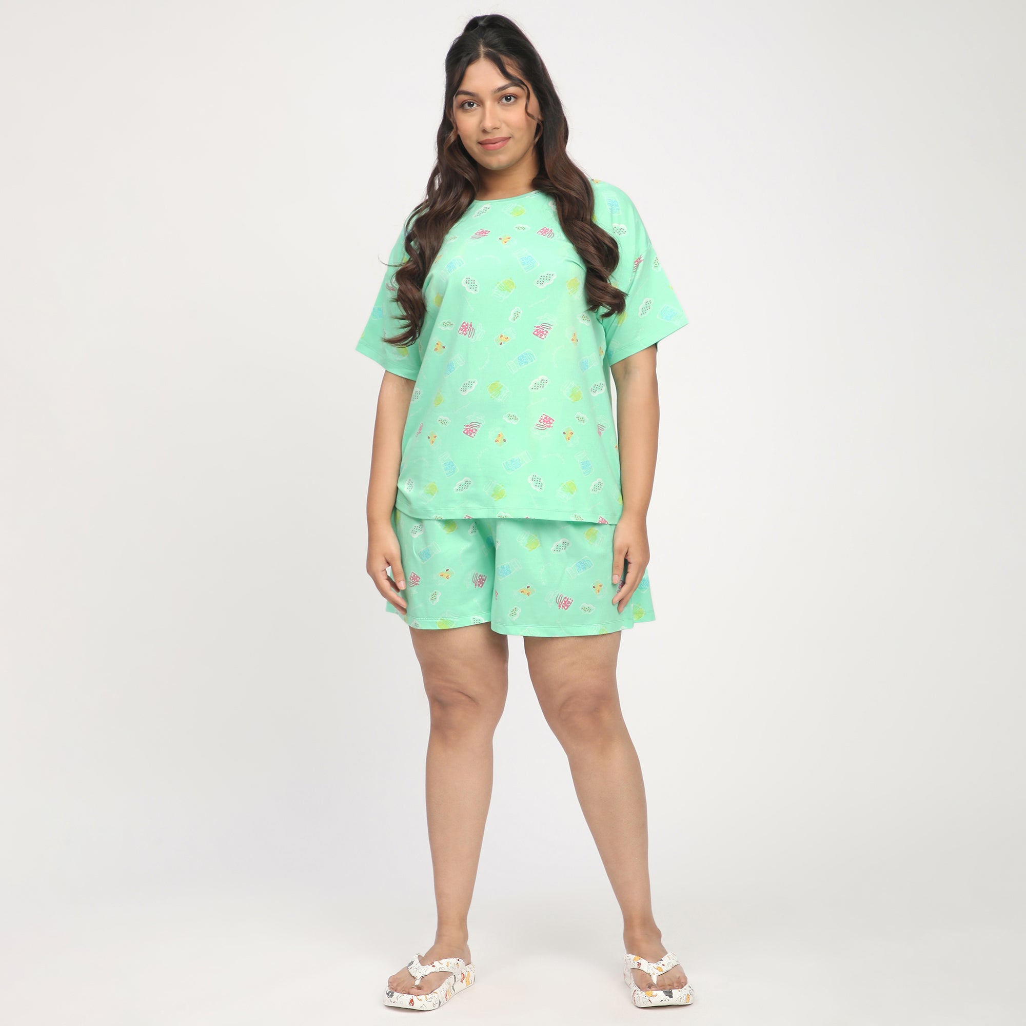 Green Printed Plus-Size Cotton Jersey Short Set