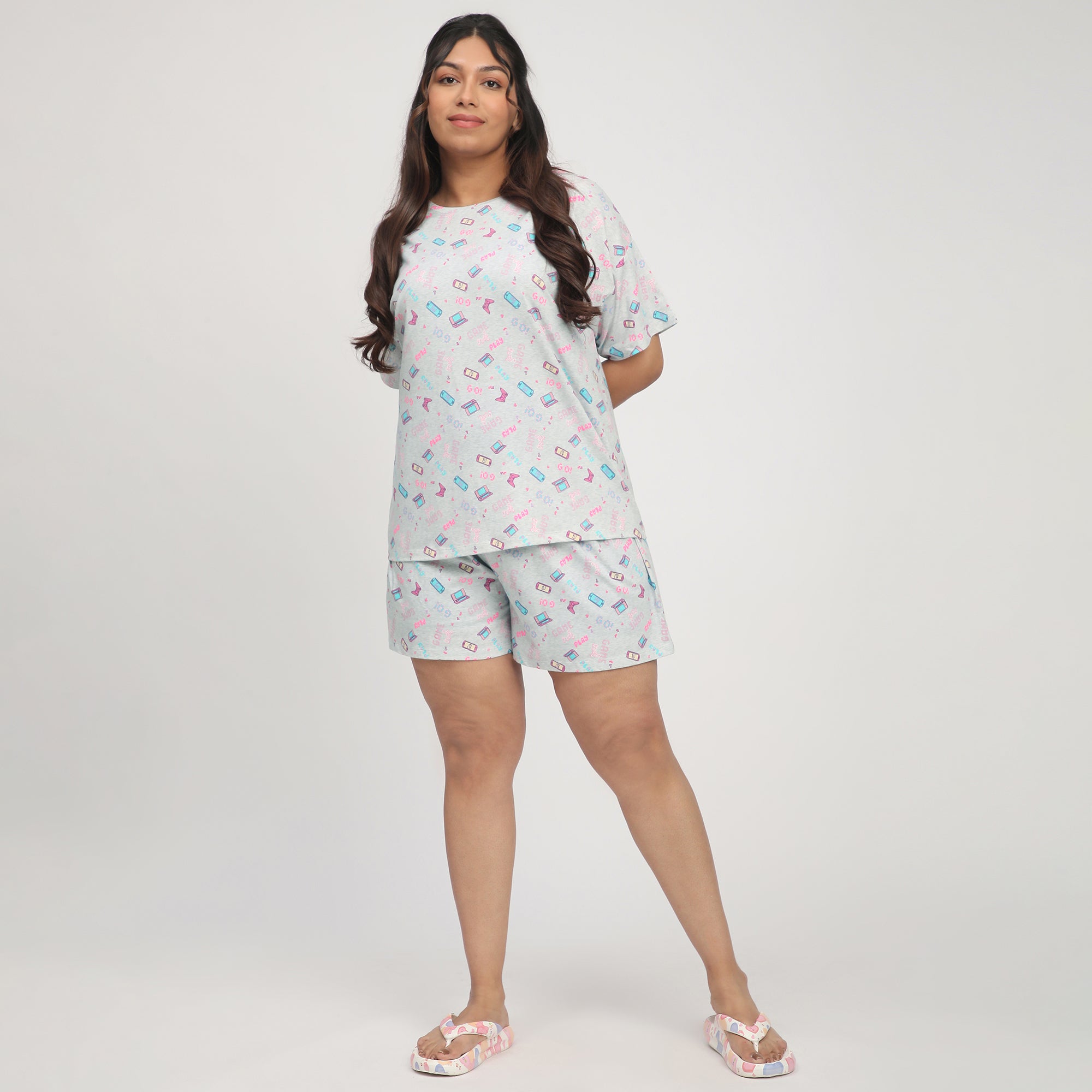 Gray Printed Plus-Size Cotton Jersey Short Set