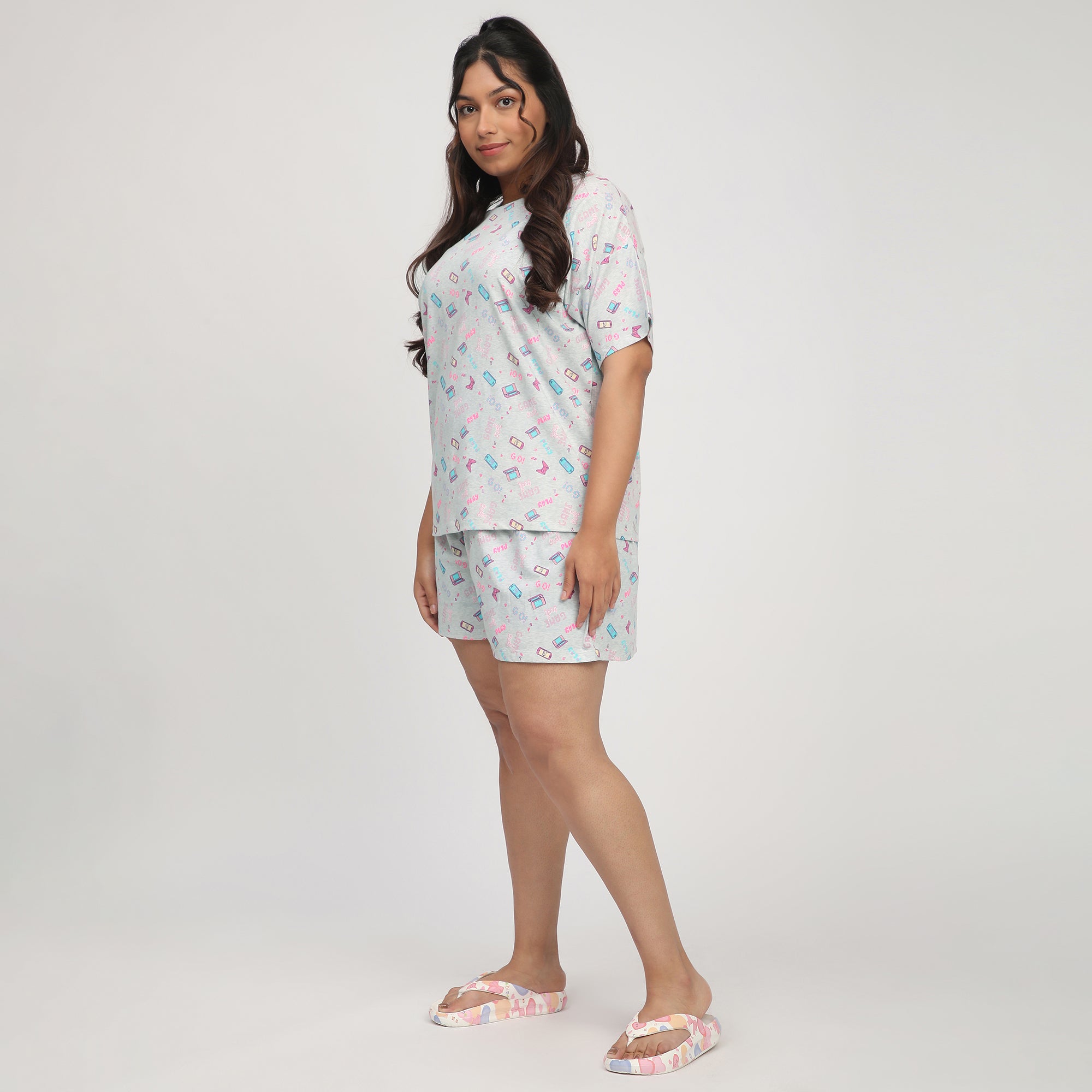 Gray Printed Plus-Size Cotton Jersey Short Set