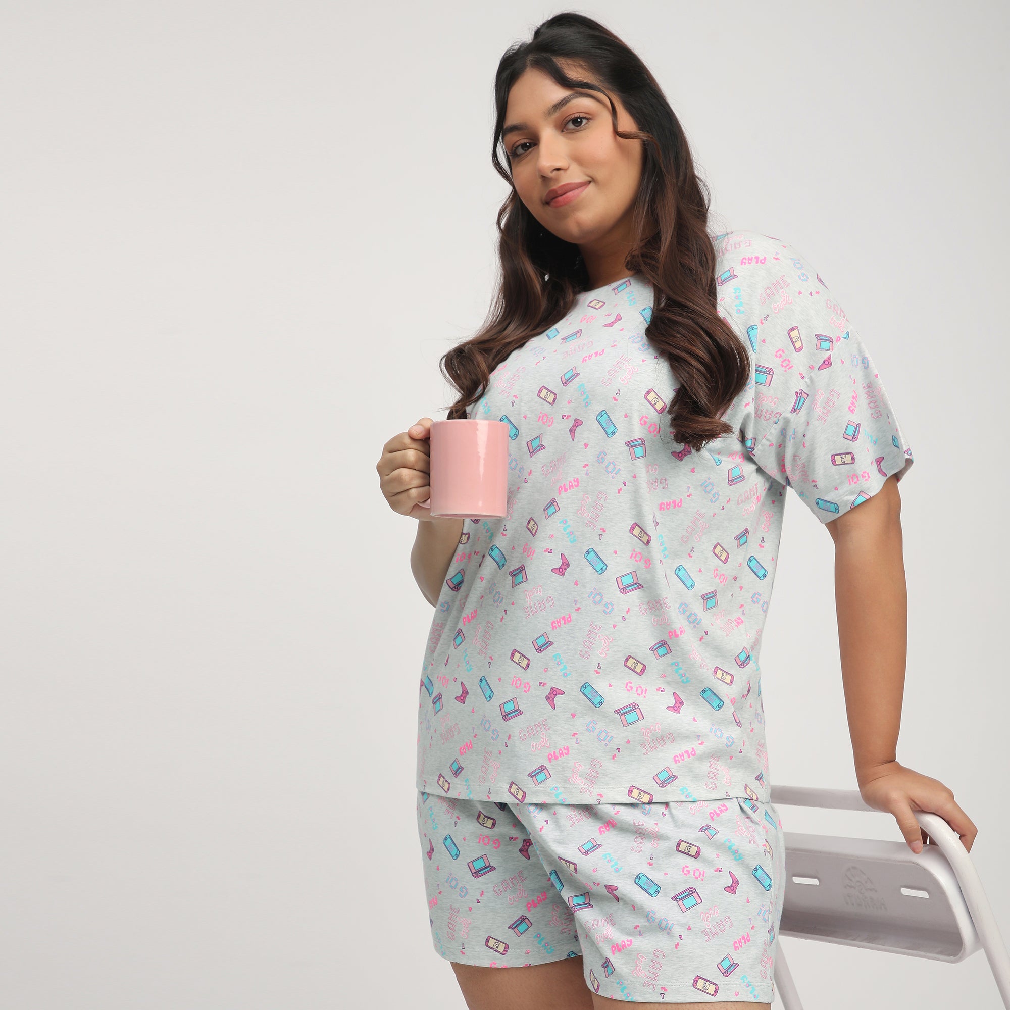 Gray Printed Plus-Size Cotton Jersey Short Set