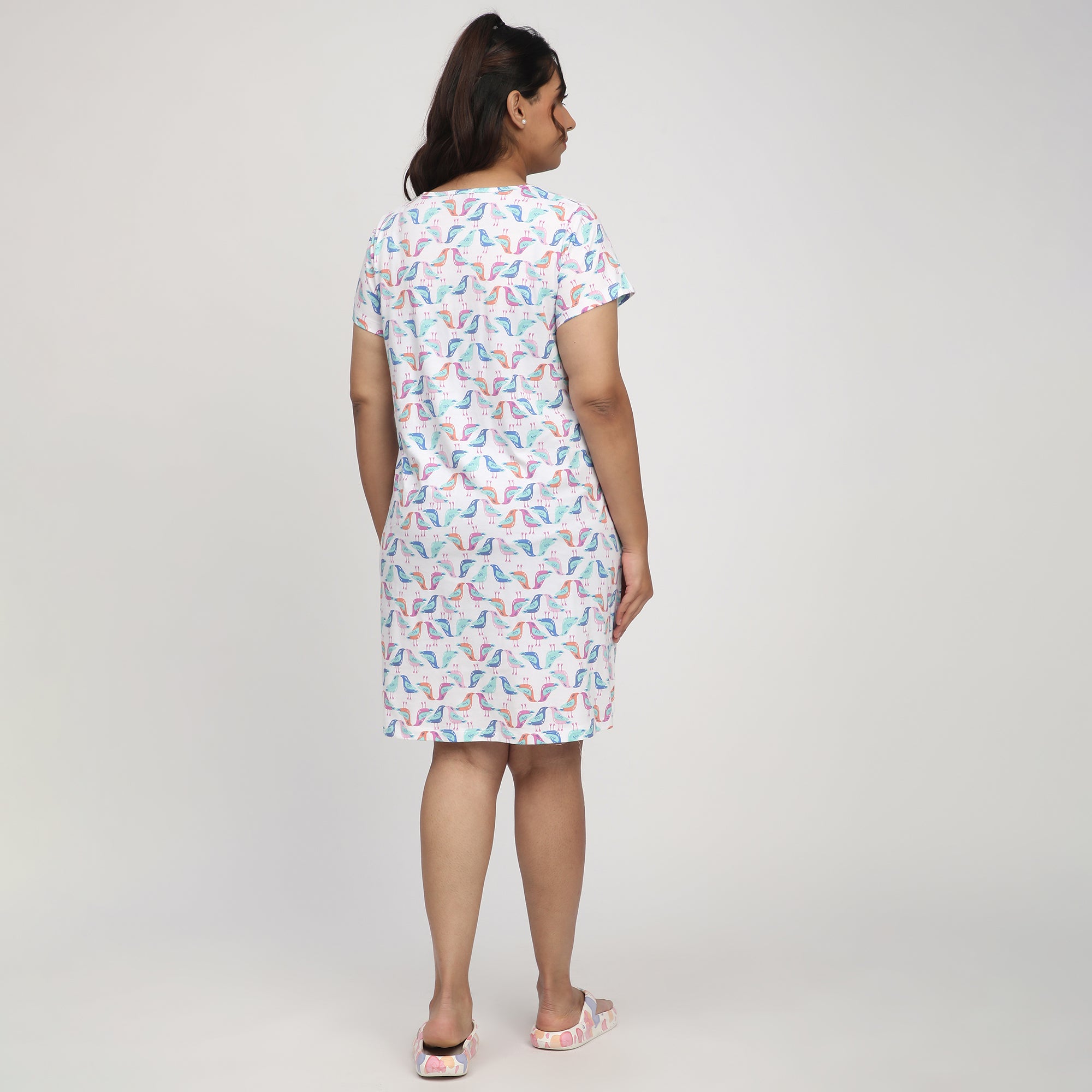 White Bird Print Plus-Size Cotton Jersey Sleep Dress