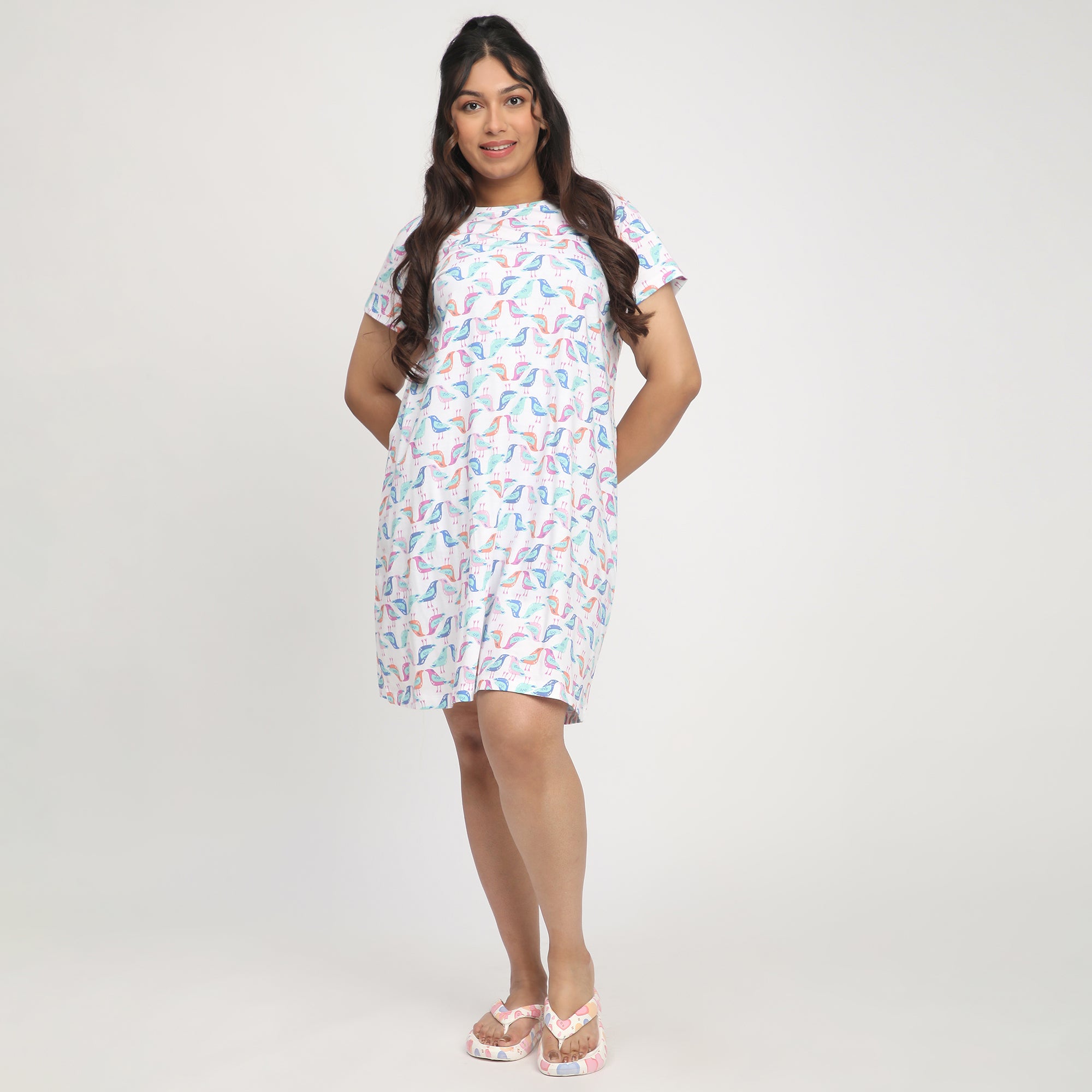 White Bird Print Plus-Size Cotton Jersey Sleep Dress