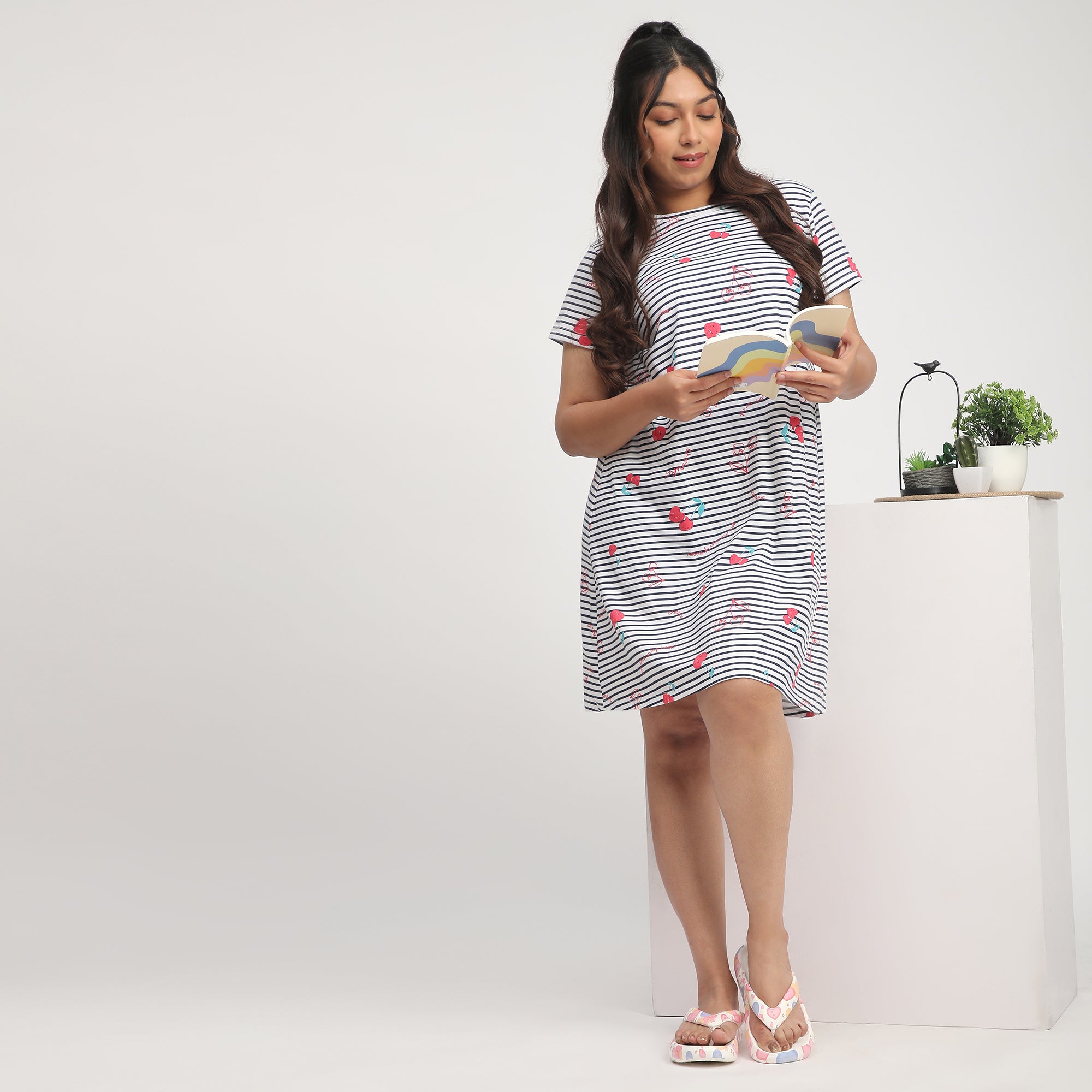 Gray Striped Plus-Size Cotton Jersey Sleep Dress