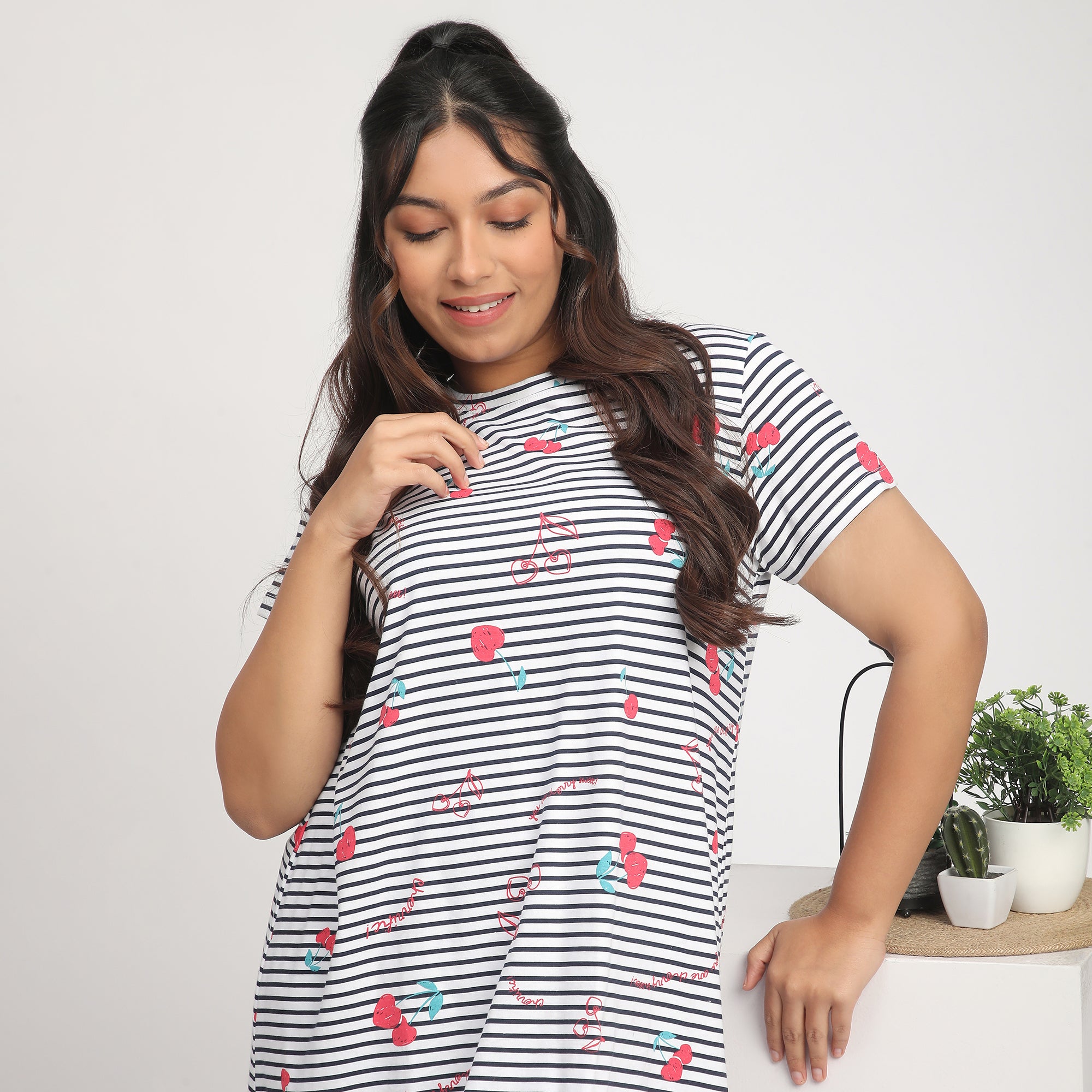 Gray Striped Plus-Size Cotton Jersey Sleep Dress