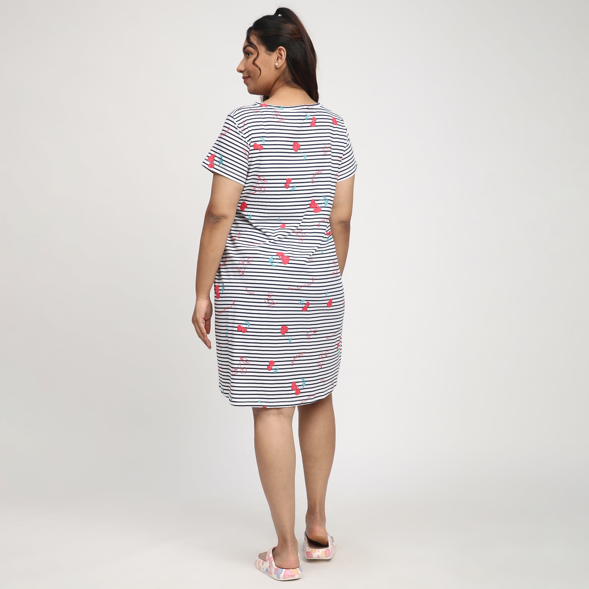 Gray Striped Plus-Size Cotton Jersey Sleep Dress