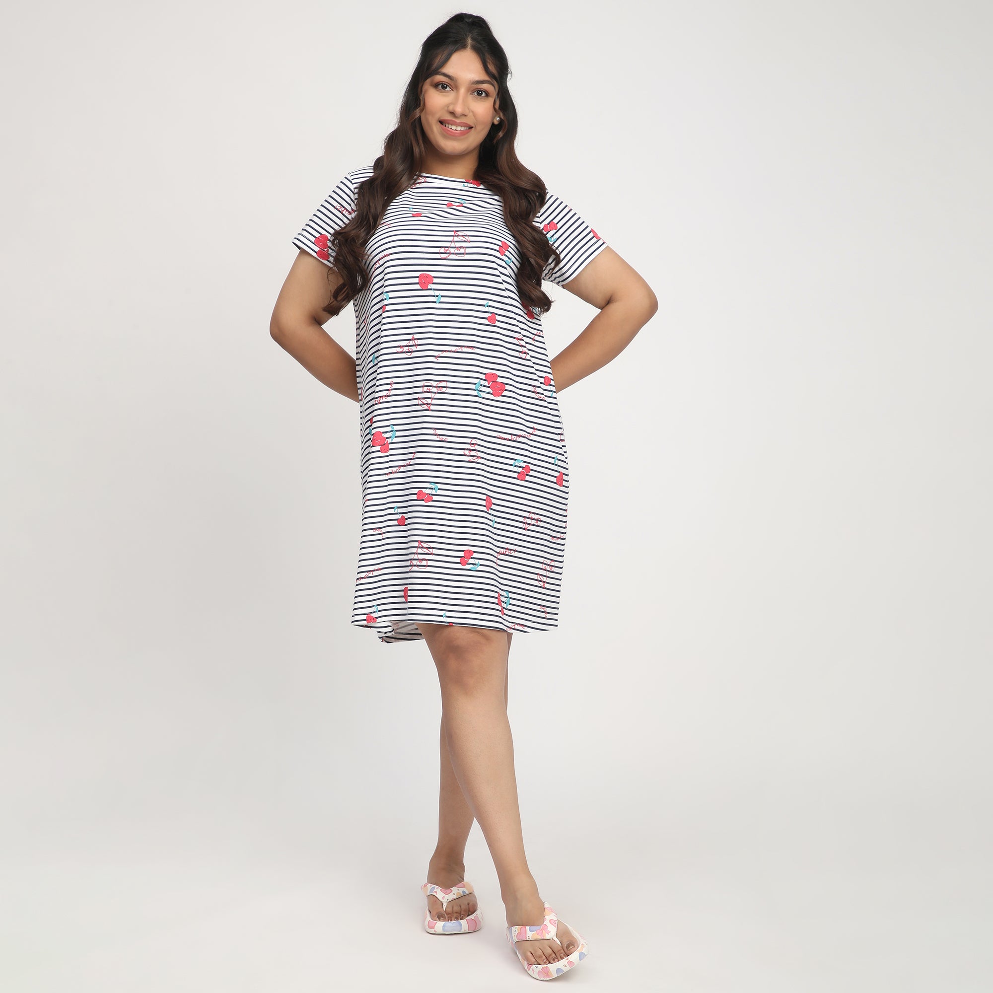 Gray Striped Plus-Size Cotton Jersey Sleep Dress