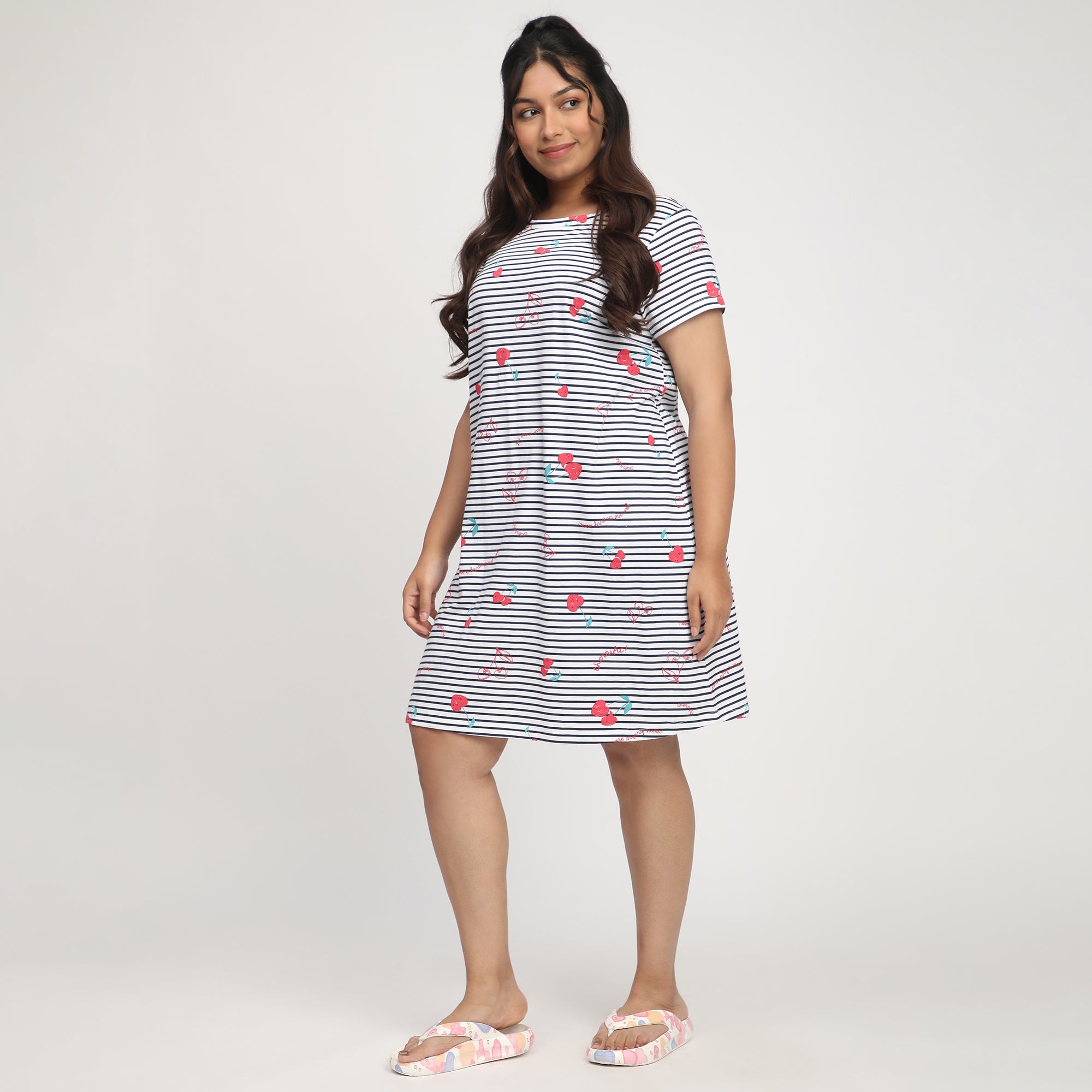 Gray Striped Plus-Size Cotton Jersey Sleep Dress