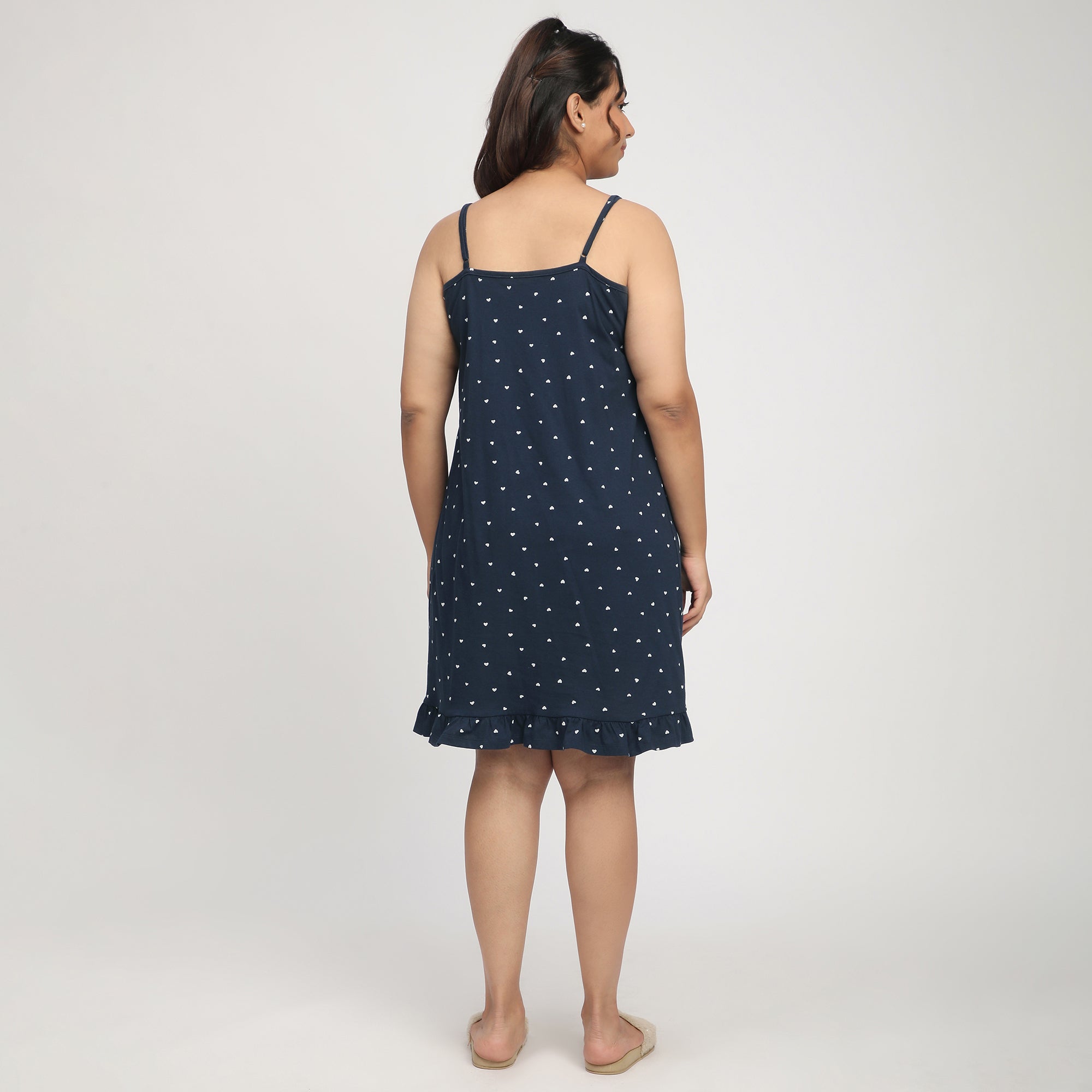 Navy Blue Plus-Size Heart Print Cotton Slip Dress