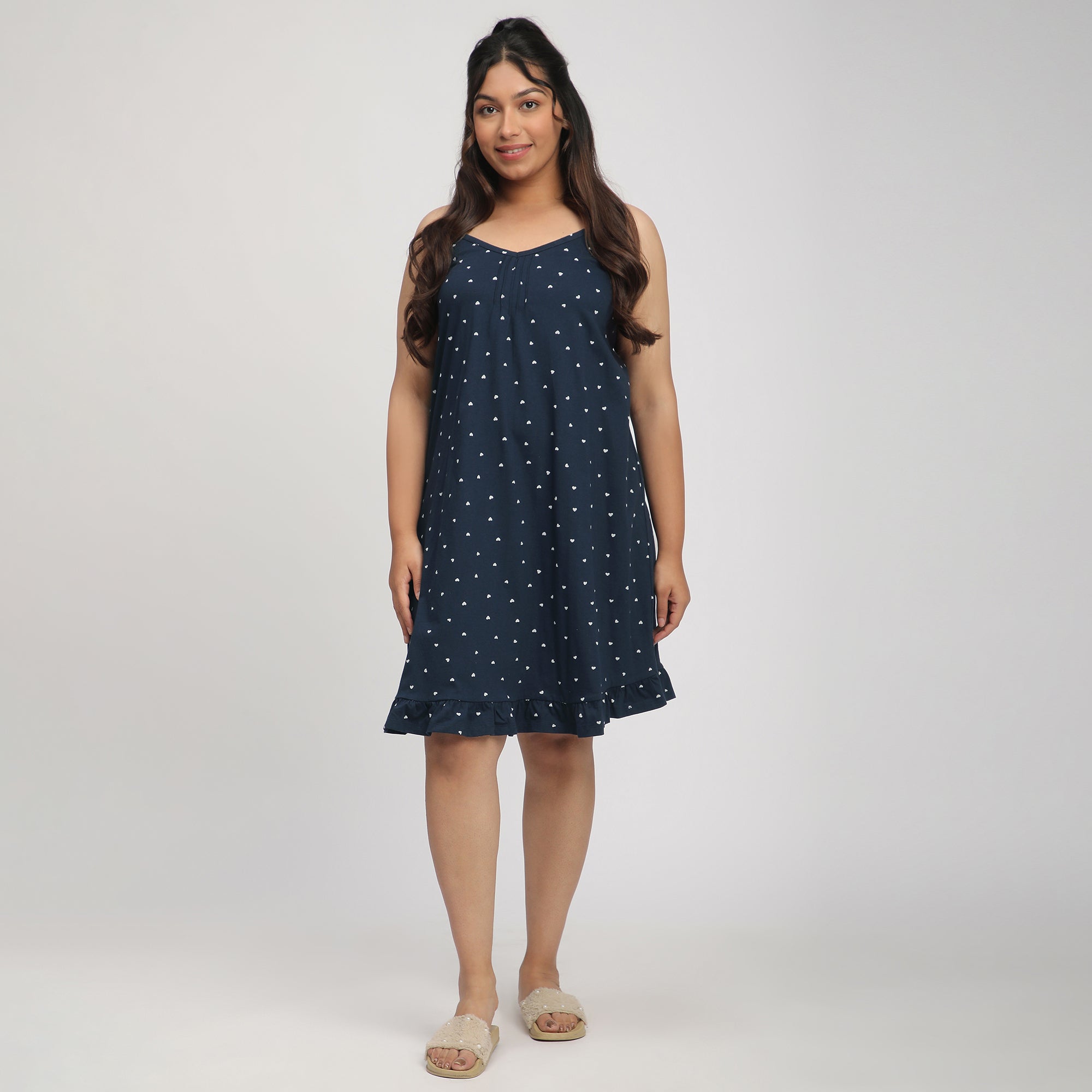 Navy Blue Plus-Size Heart Print Cotton Slip Dress