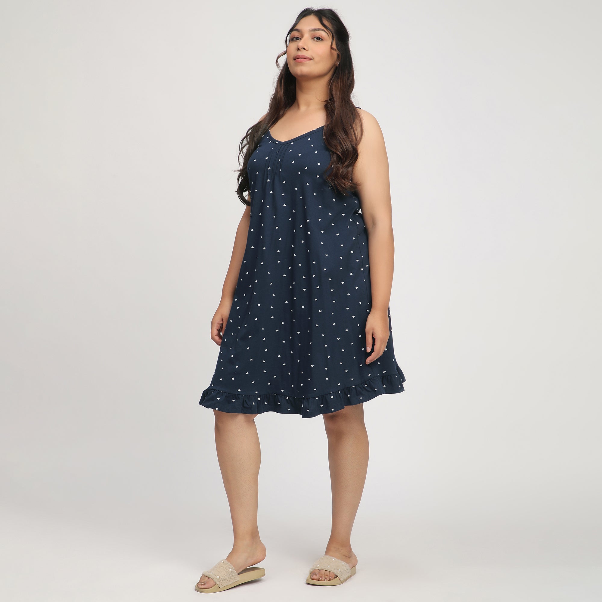 Navy Blue Plus-Size Heart Print Cotton Slip Dress