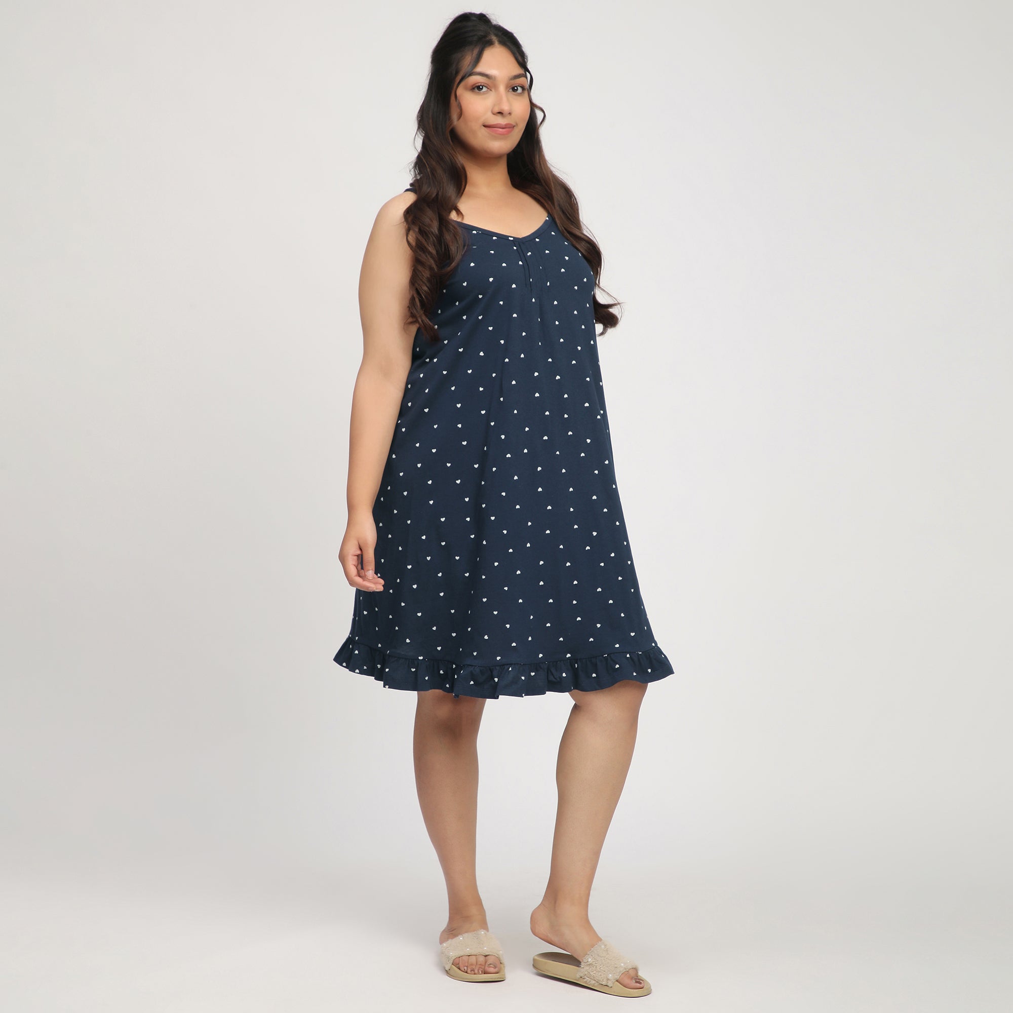 Navy Blue Plus-Size Heart Print Cotton Slip Dress