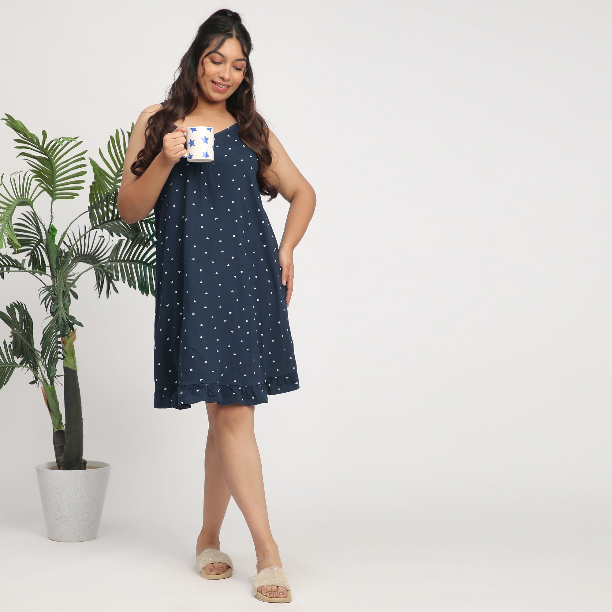 Navy Blue Plus-Size Heart Print Cotton Slip Dress