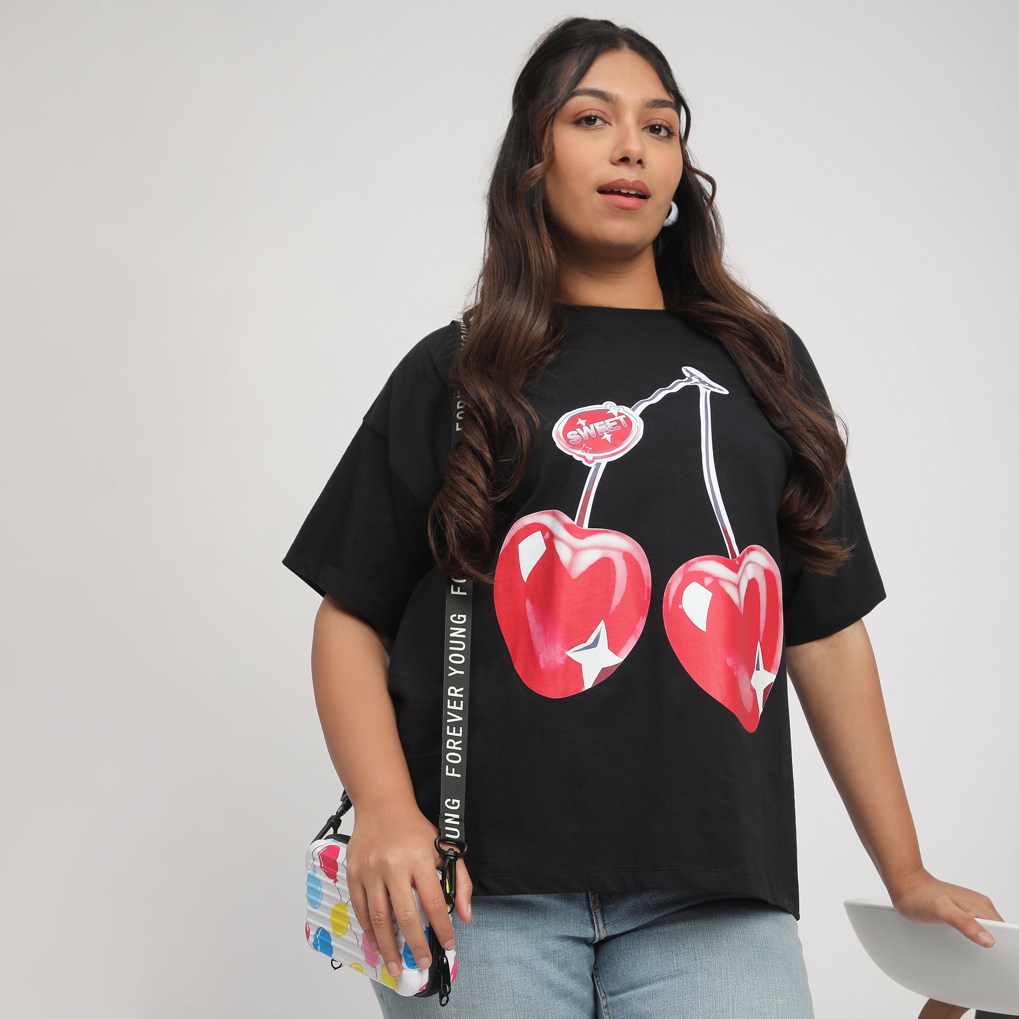 Black Cherry Print Cotton Plus Size Tee