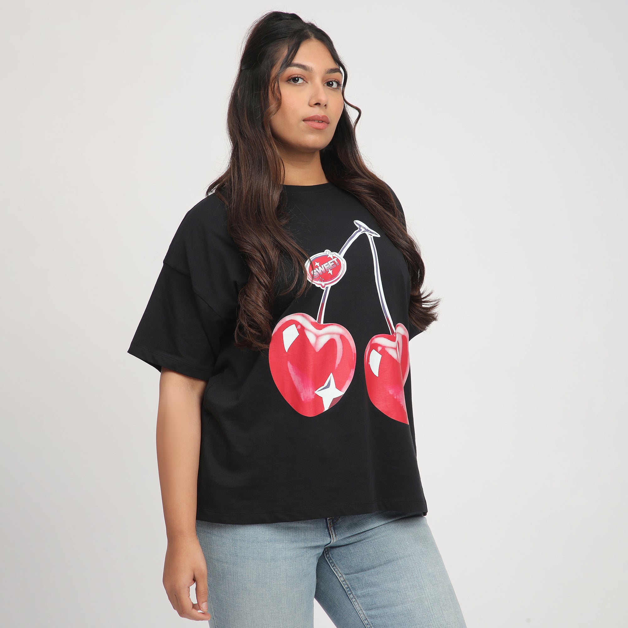 Black Cherry Print Cotton Plus Size Tee