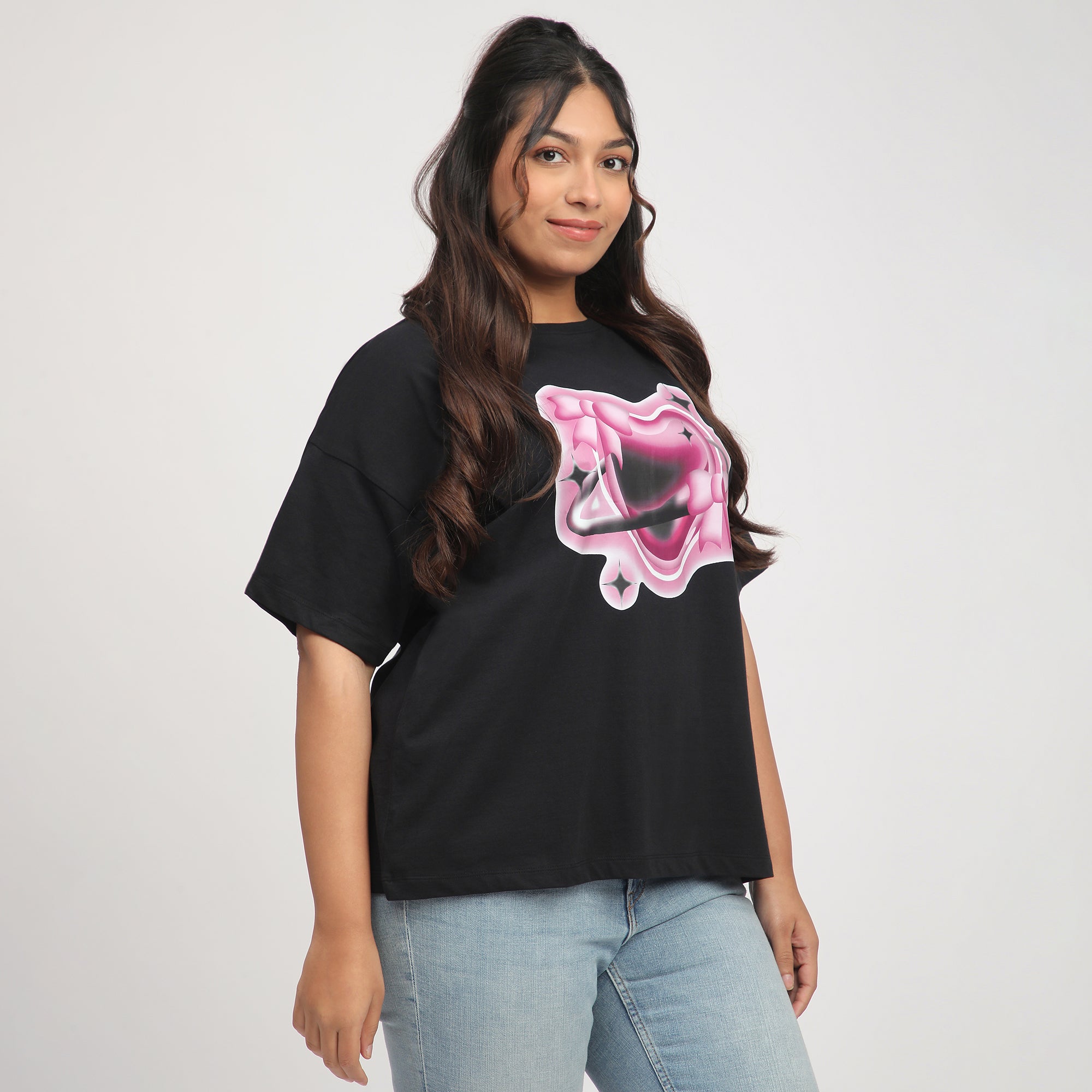 Black Heart Print Cotton Jersey Plus Size Tee