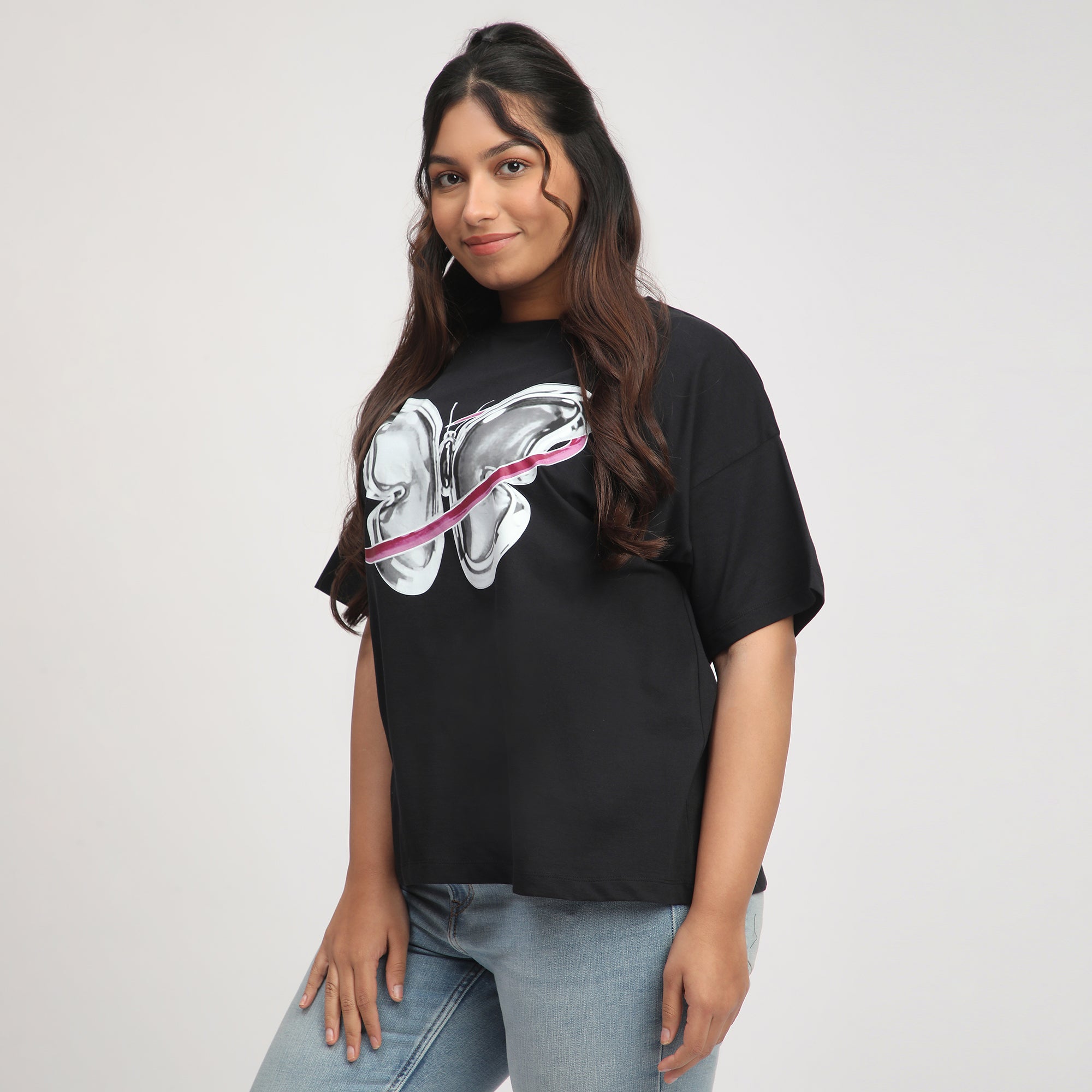 Black Butterfly Print Cotton Jersey Plus Size Tee