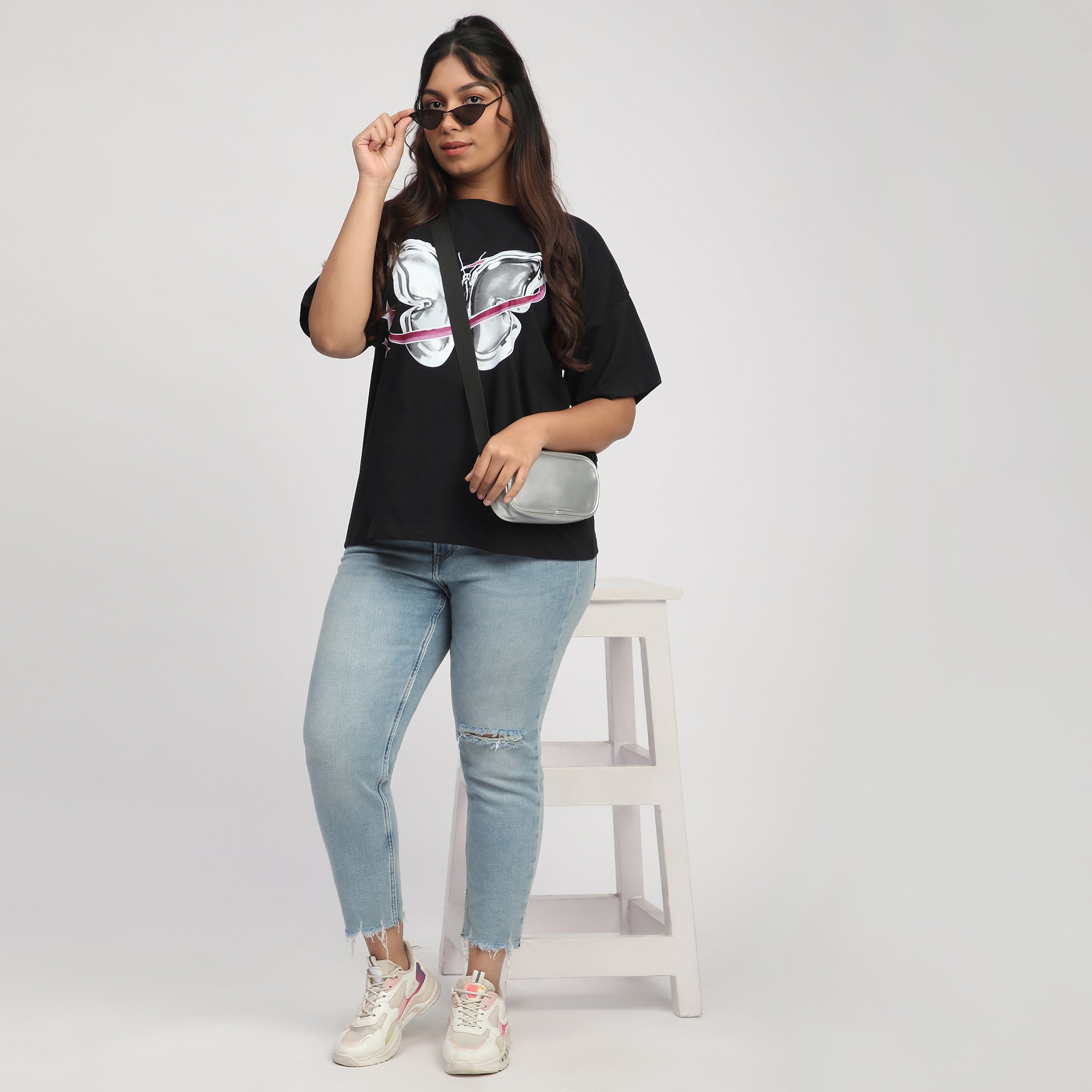 Black Butterfly Print Cotton Jersey Plus Size Tee