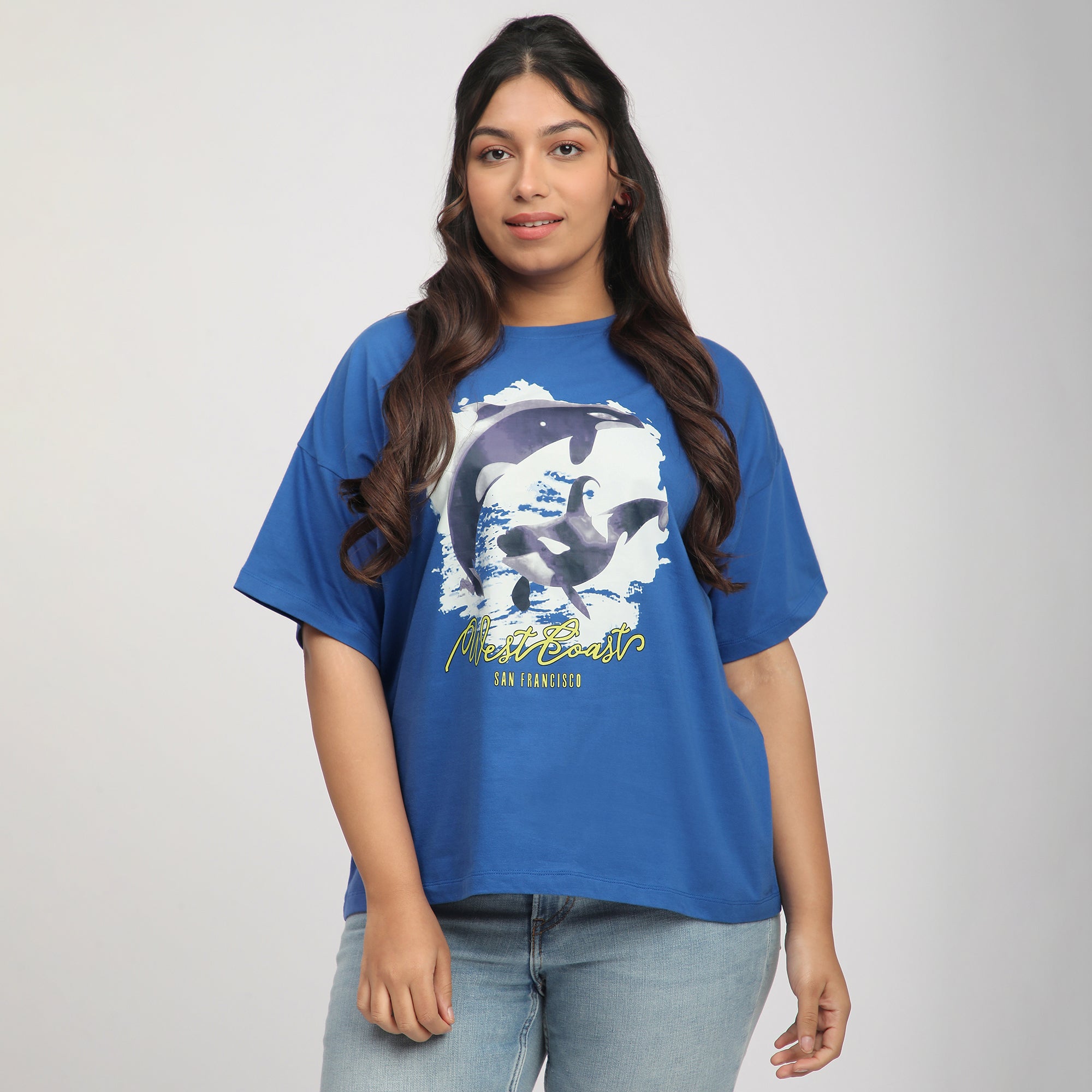 Royal Blue Whale Print Drop Shoulder Plus Size Tee