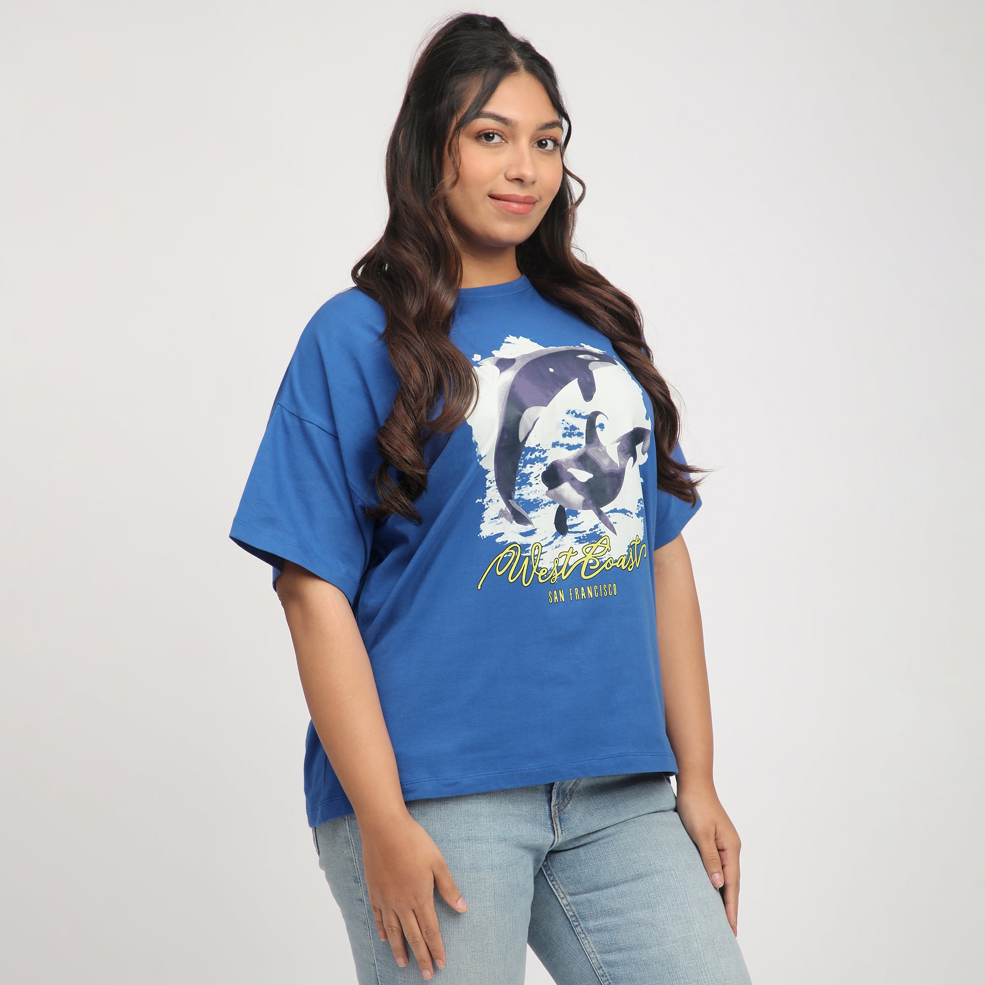 Royal Blue Whale Print Drop Shoulder Plus Size Tee