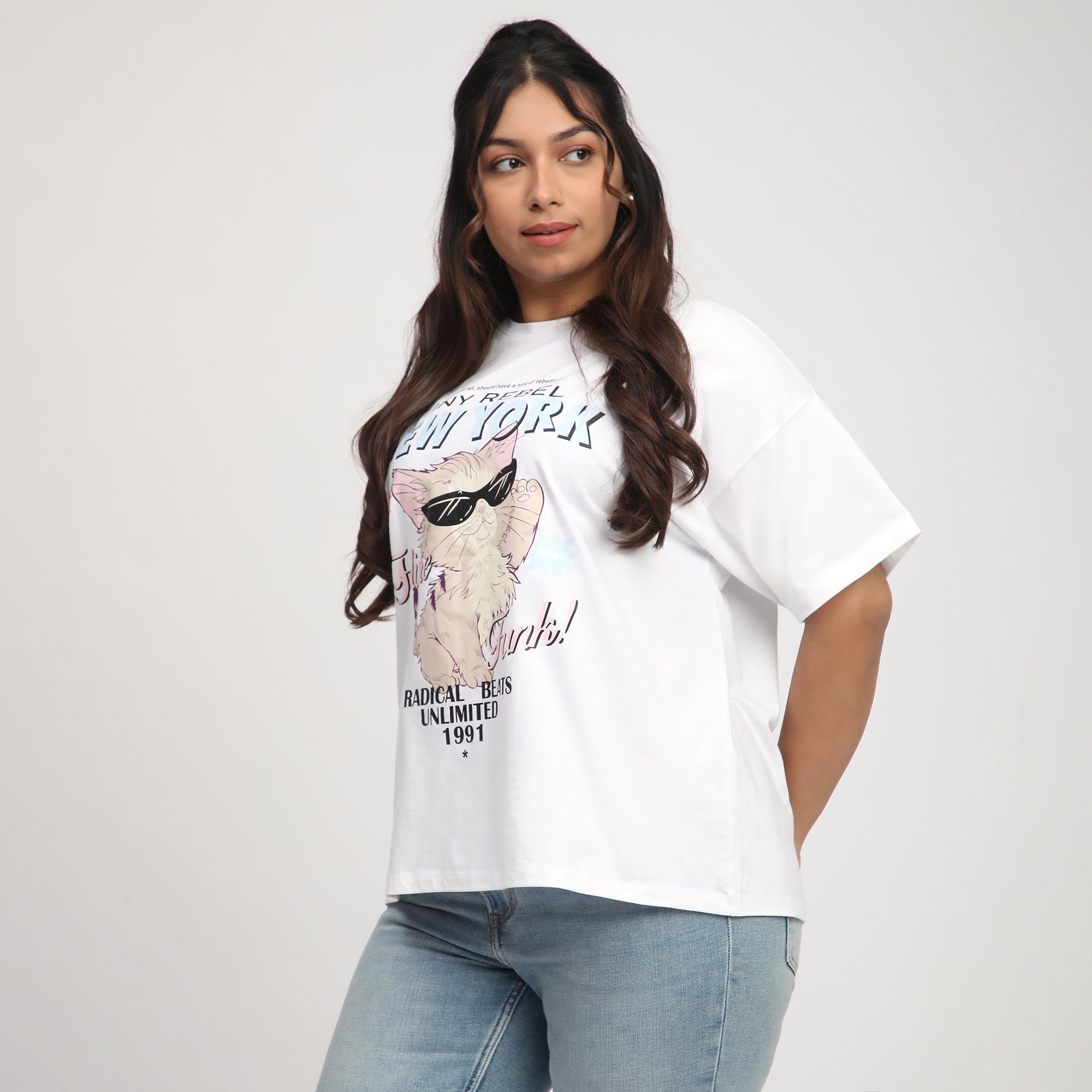 White Cat Print Cotton Jersey Plus Size Tee