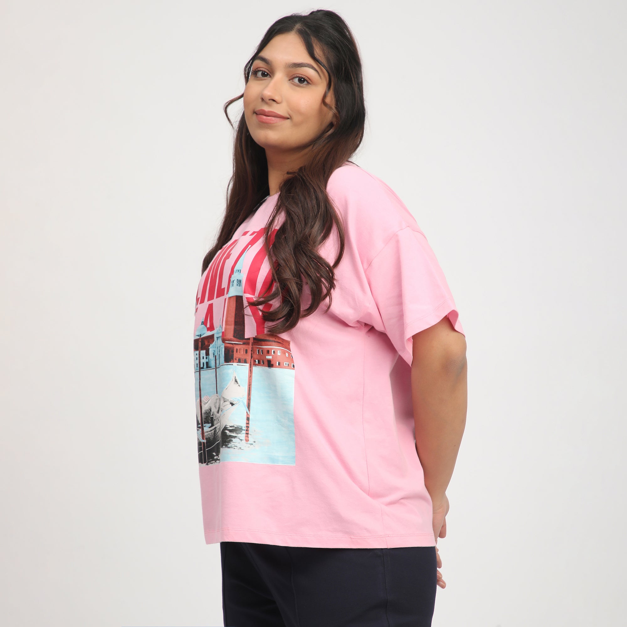 Pink Venezia Print Cotton Jersey Plus Size Tee