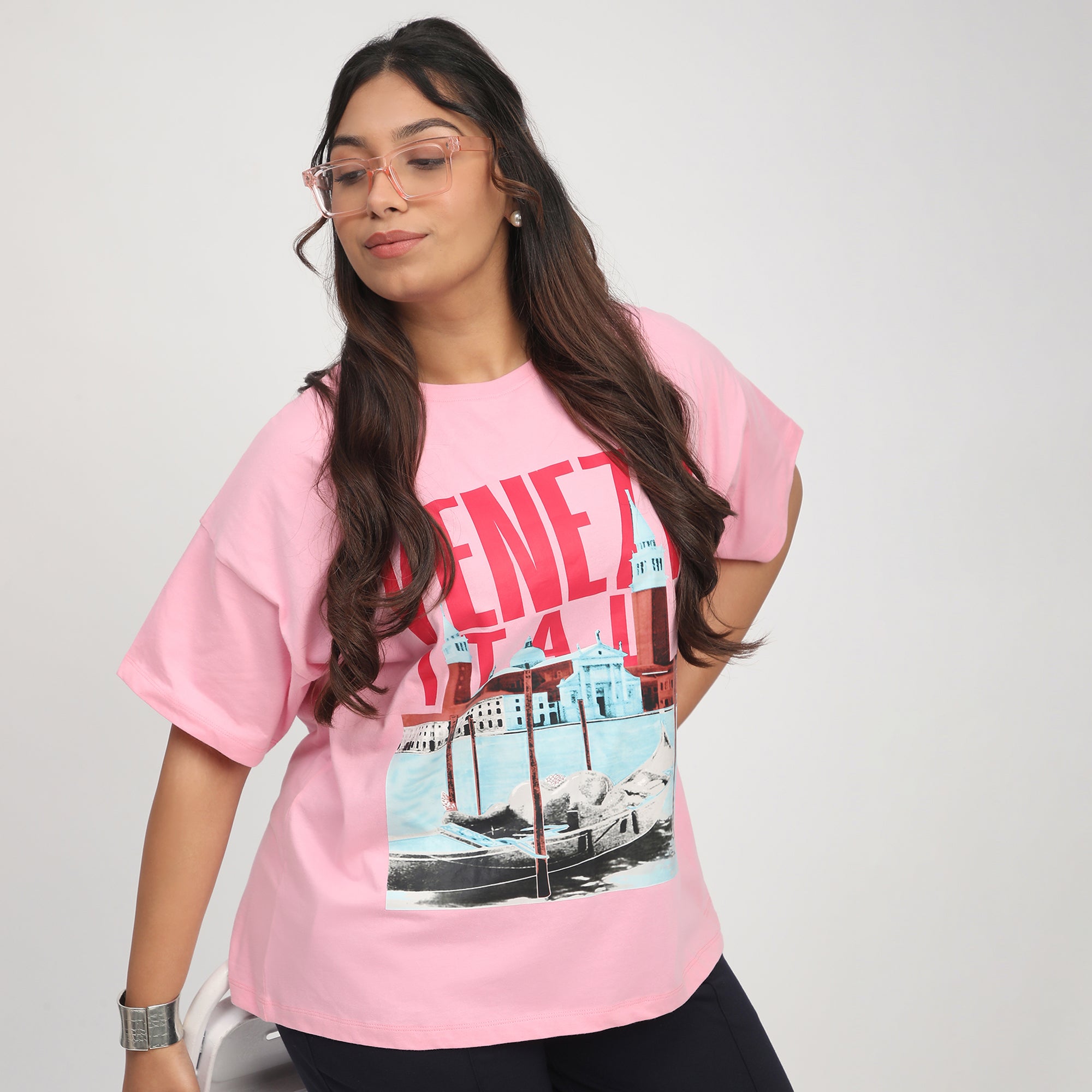 Pink Venezia Print Cotton Jersey Plus Size Tee