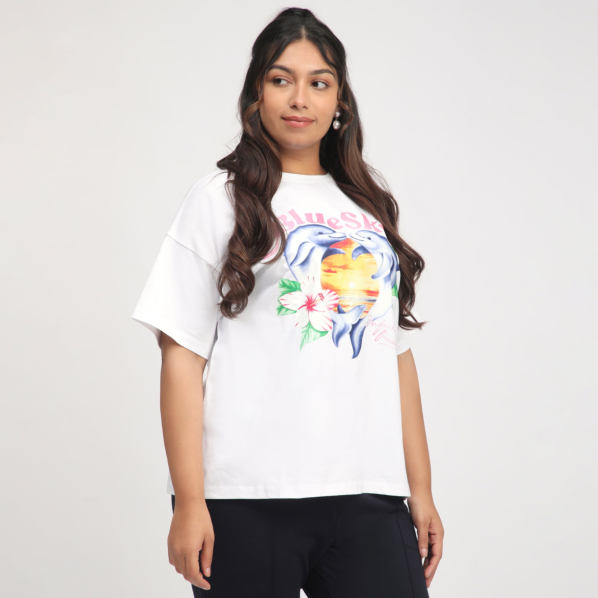 White Dolphin Print Cotton Jersey Plus Size Tee