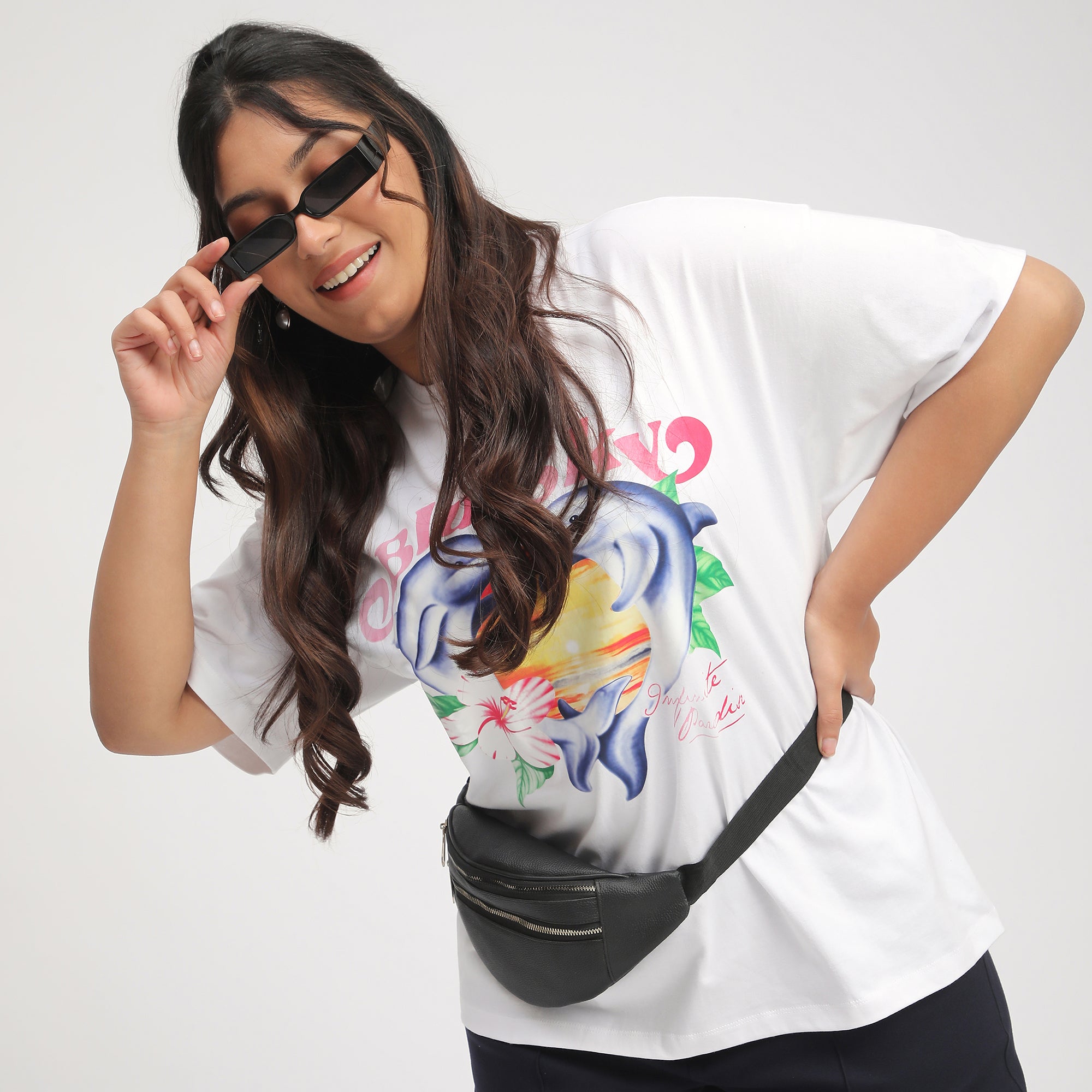 White Dolphin Print Cotton Jersey Plus Size Tee