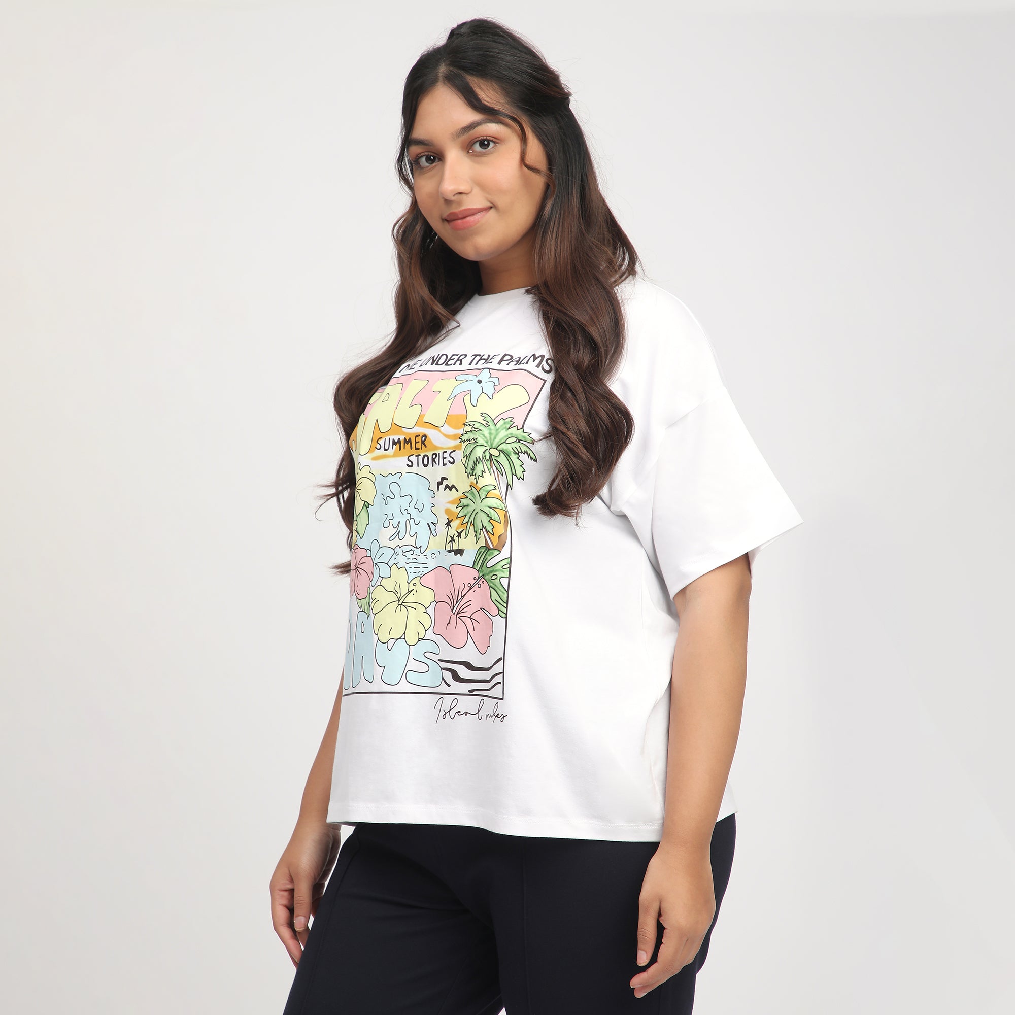 White Beach Print Cotton Jersey Plus Size Tee