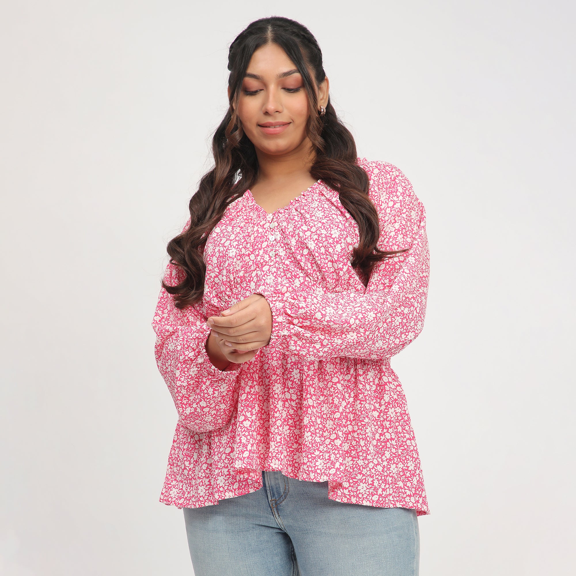 Pink Ditsy Floral Plus-Size Full-Sleeve Top