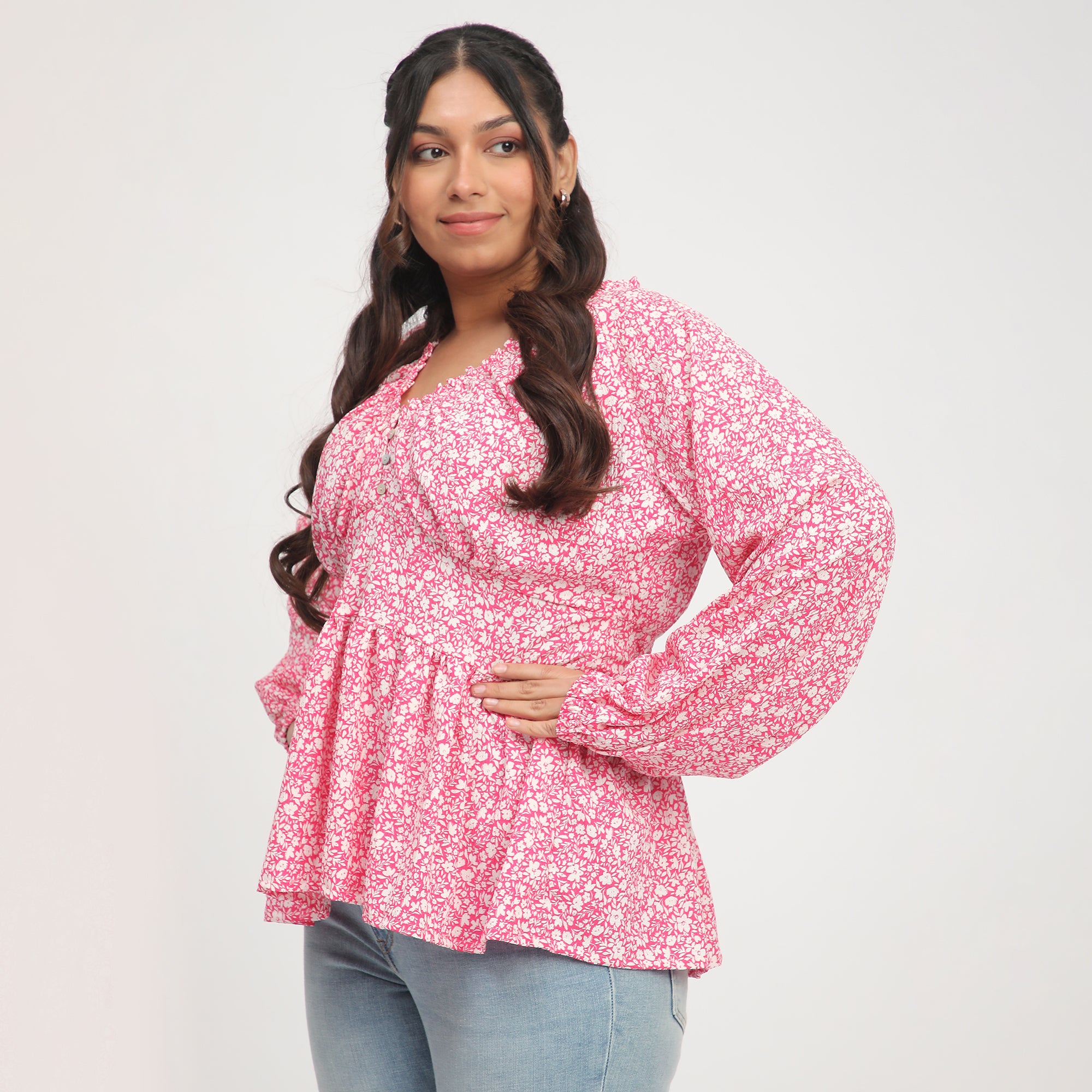 Pink Ditsy Floral Plus-Size Full-Sleeve Top