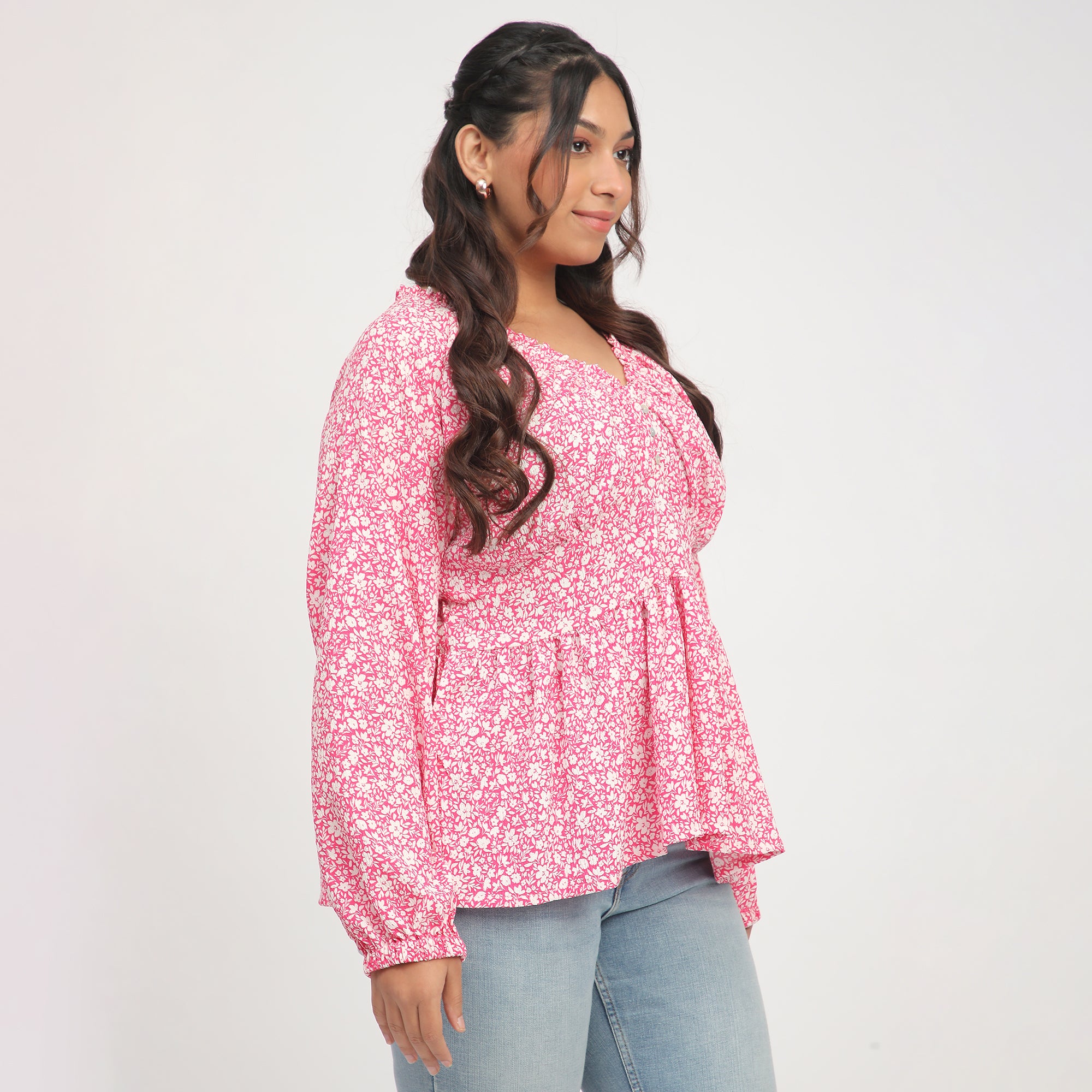 Pink Ditsy Floral Plus-Size Full-Sleeve Top