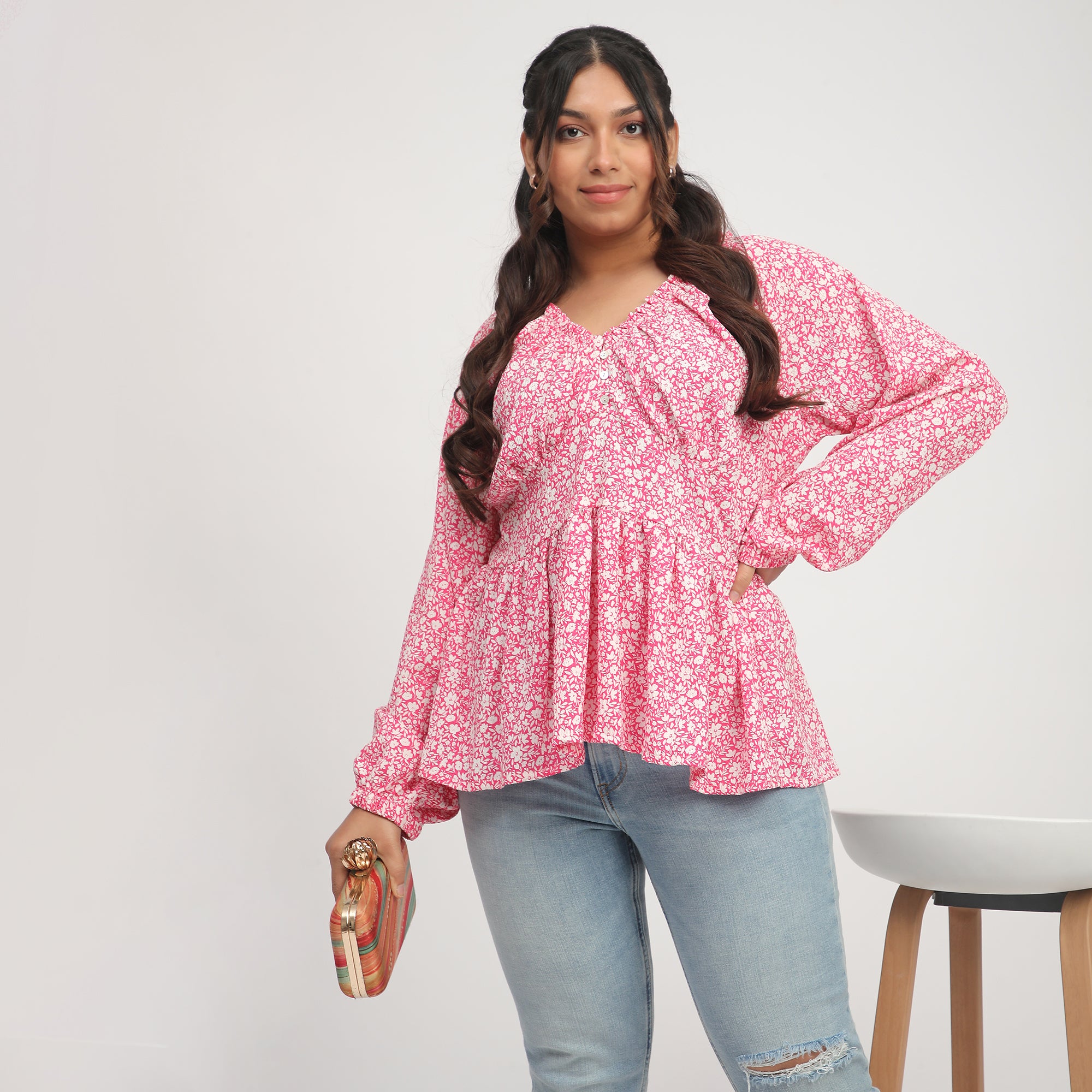 Pink Ditsy Floral Plus-Size Full-Sleeve Top