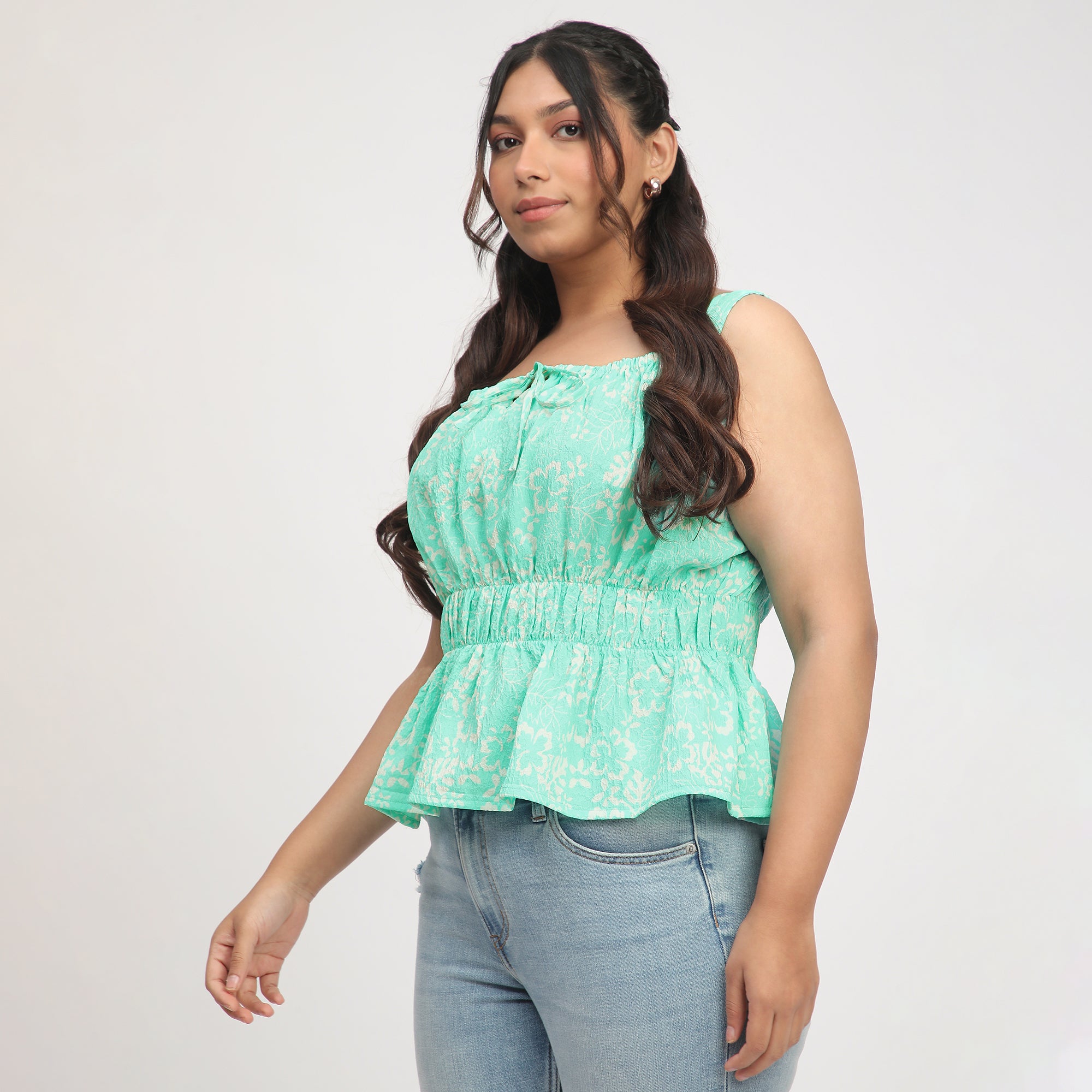 Green Plus-Size Ditsy Floral Peplum Top