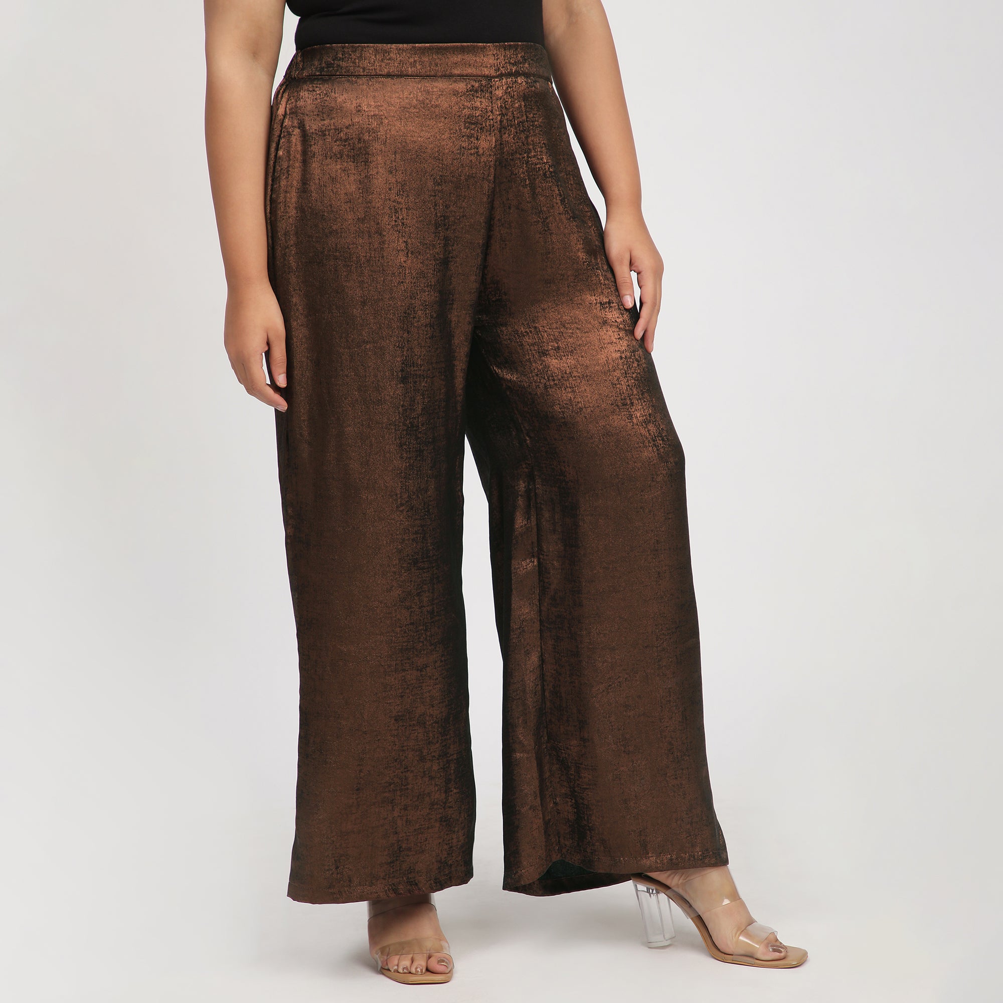 Bronze Foil Plus-Size Flared Party Pants