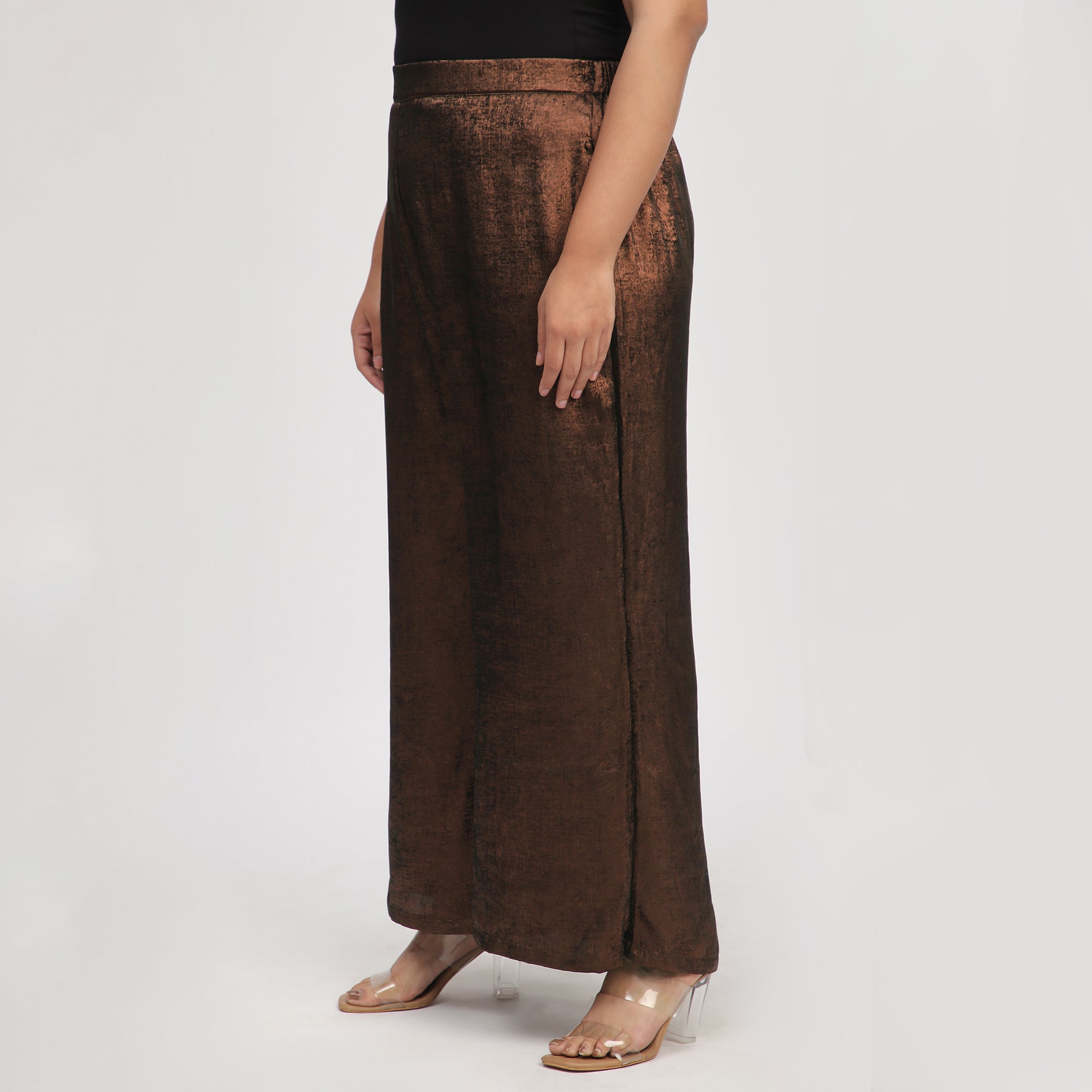 Bronze Foil Plus-Size Flared Party Pants