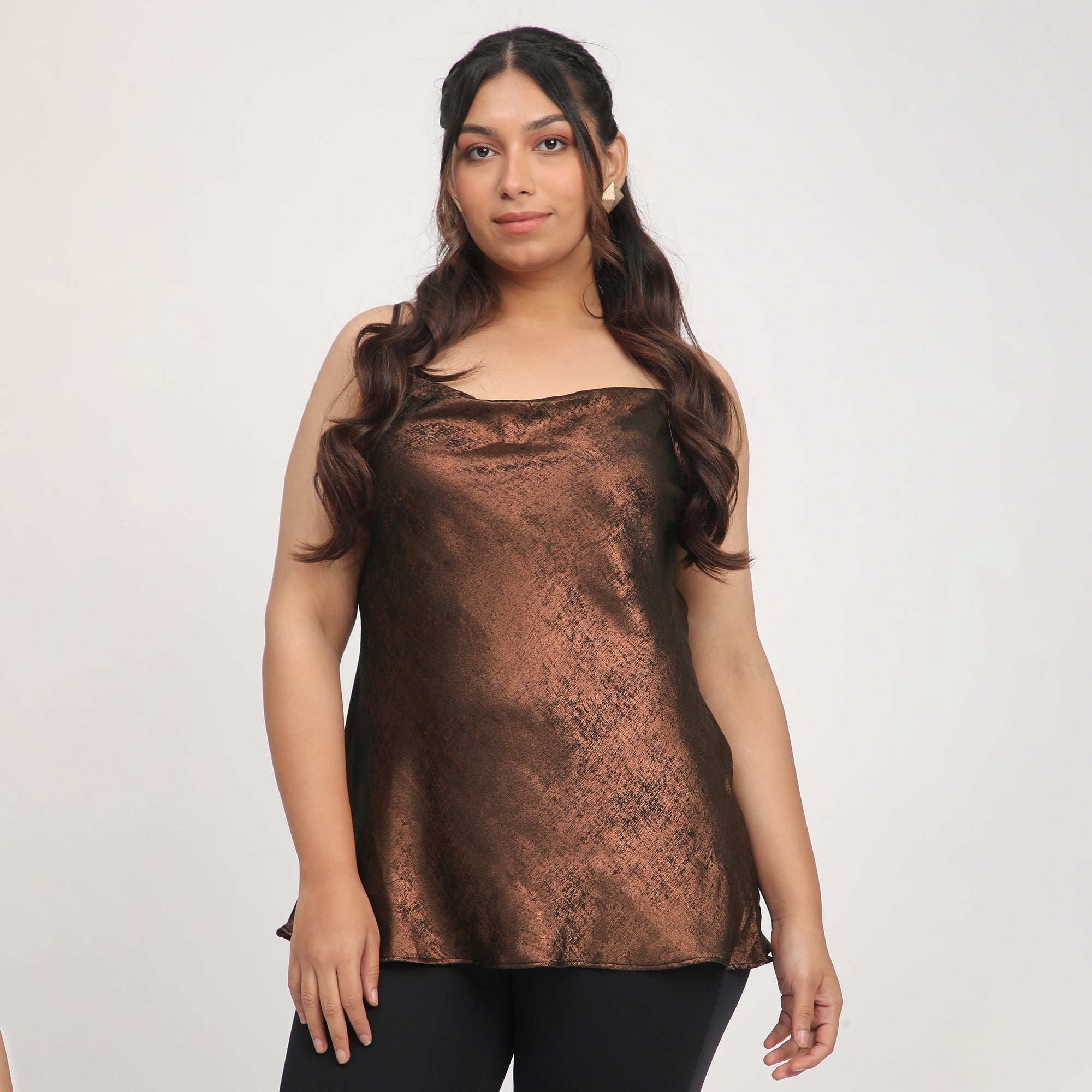 Bronze Foil Plus-Size Cowl Neck Party Top