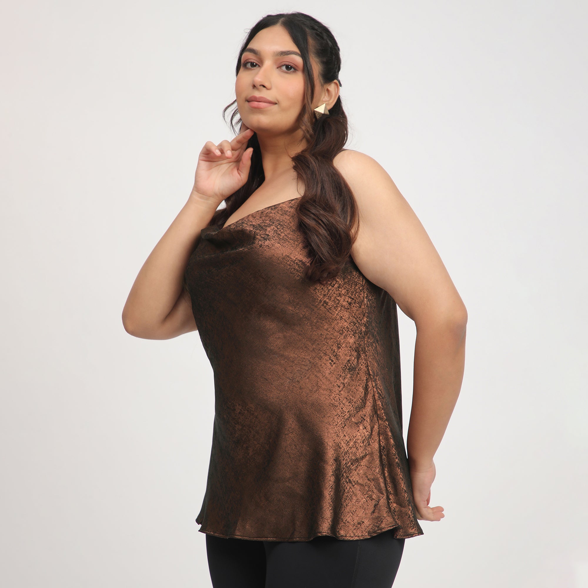 Bronze Foil Plus-Size Cowl Neck Party Top