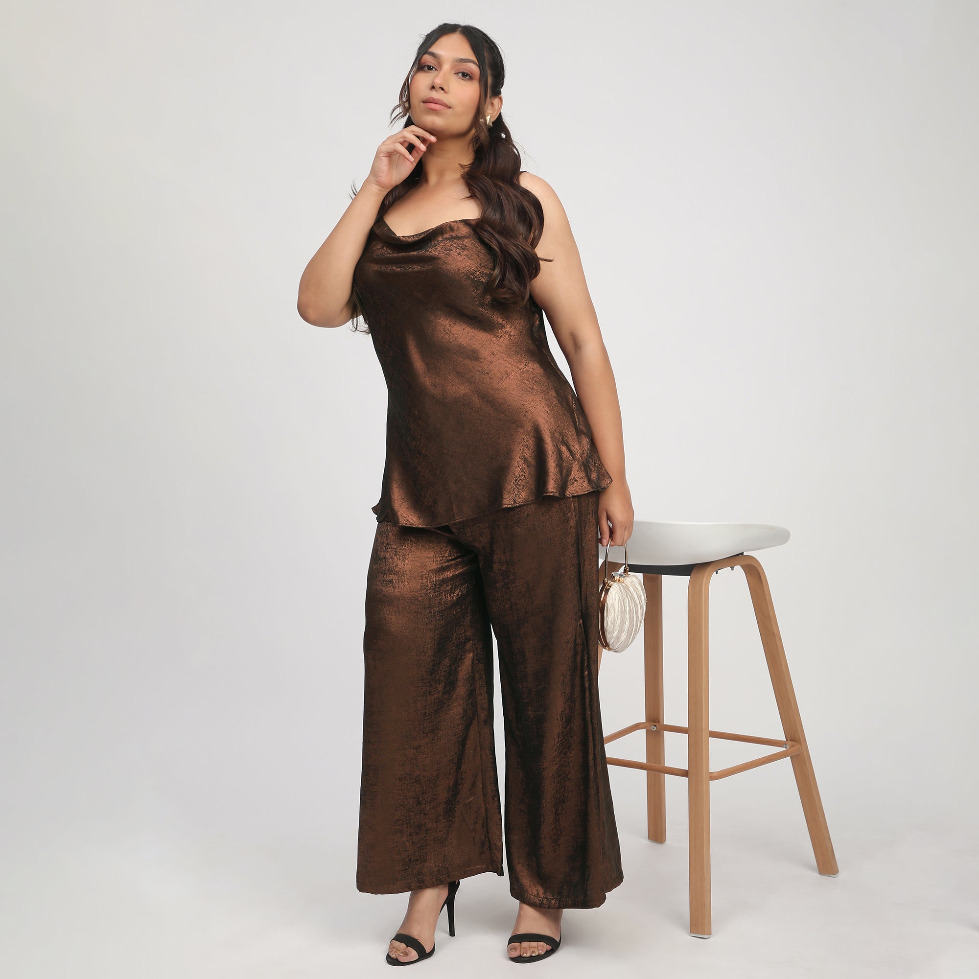 Bronze Foil Plus-Size Cowl Neck Party Top