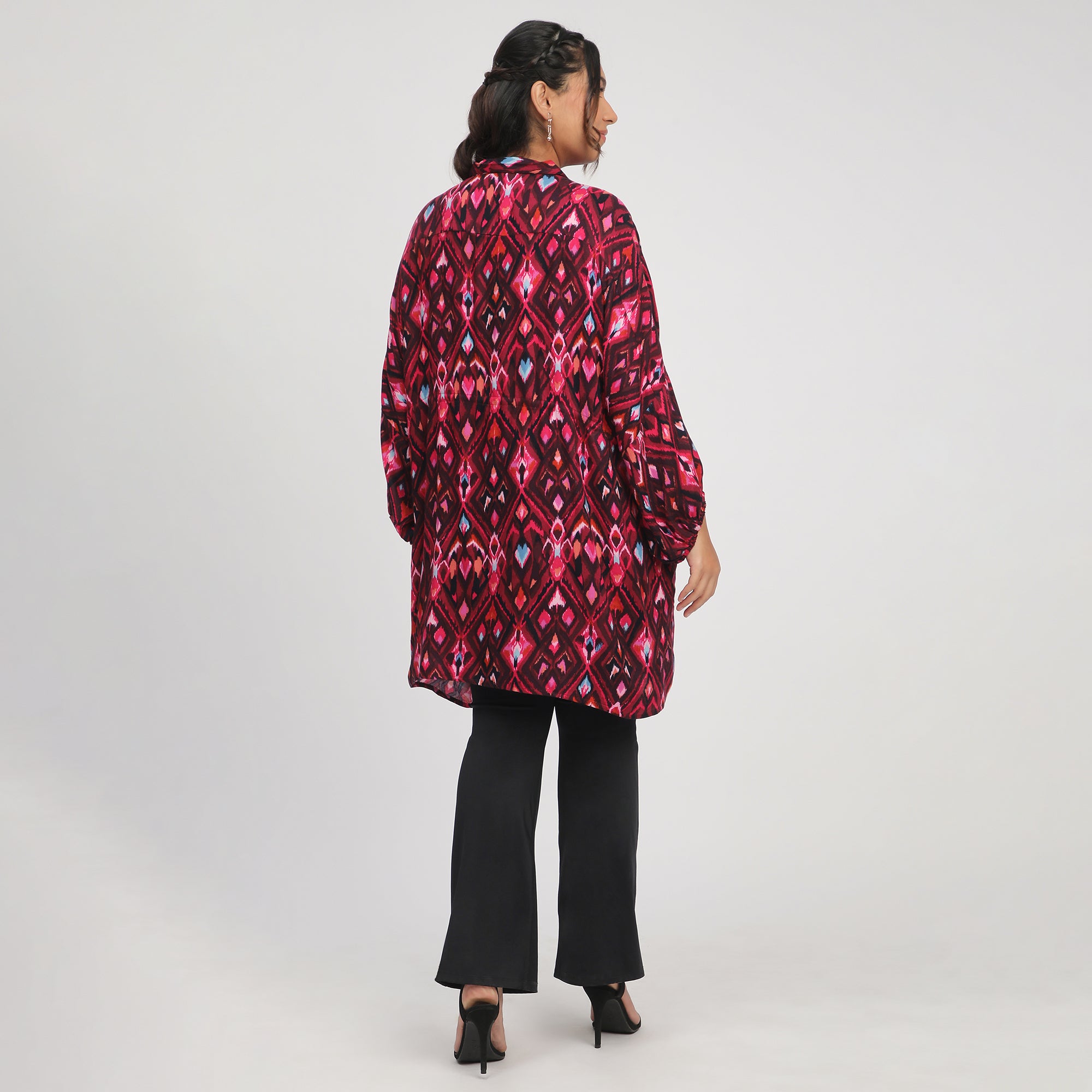 Dark Pink Plus-Size Ikat Print Kaftan with Drawstrings