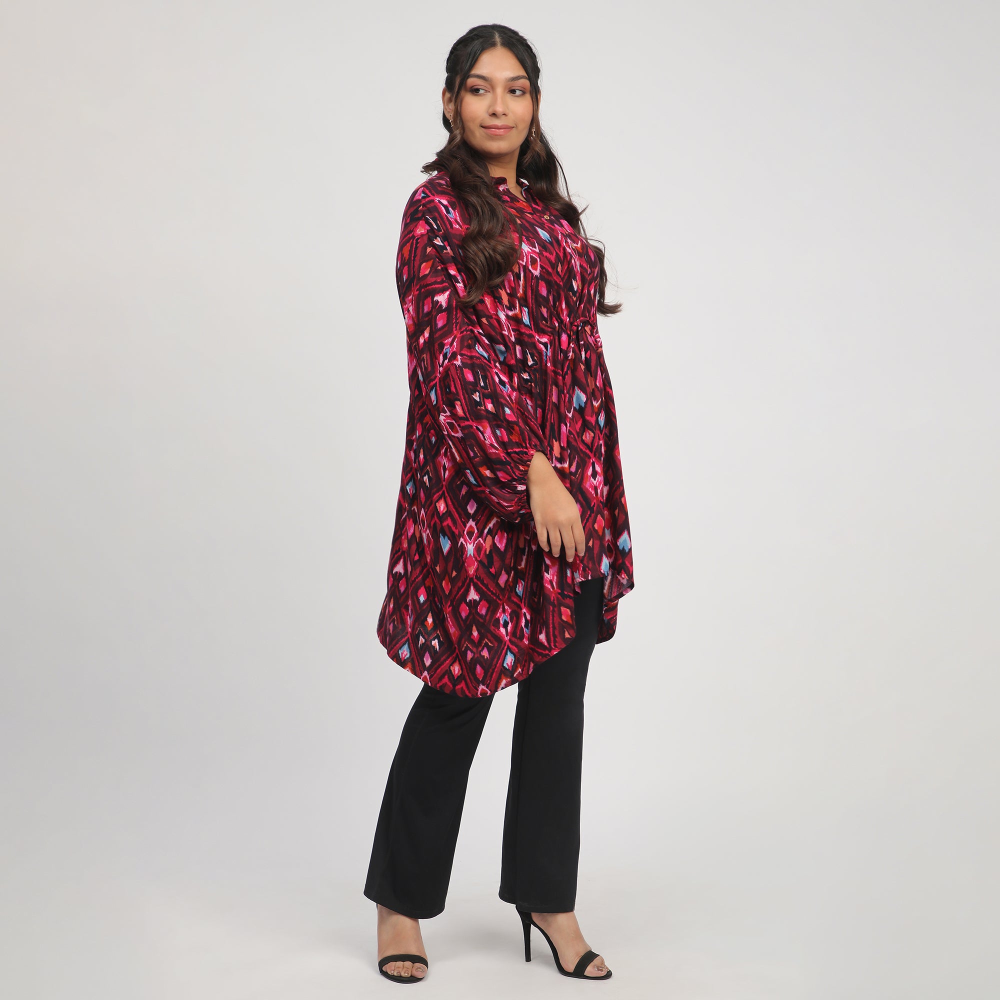 Dark Pink Plus-Size Ikat Print Kaftan with Drawstrings