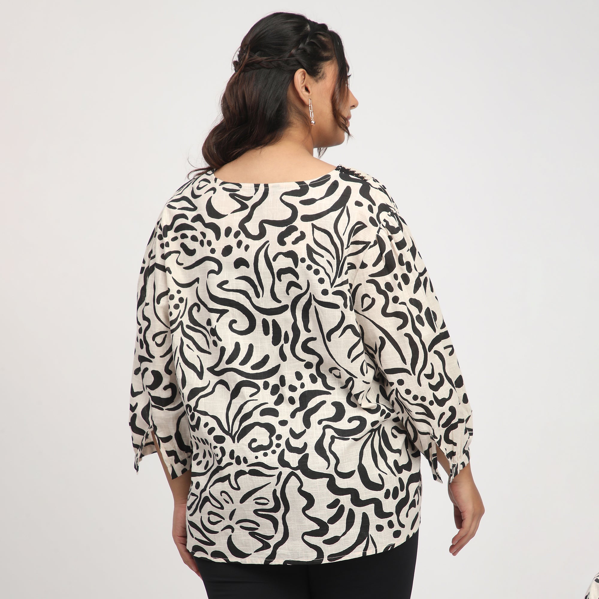 Beige & Black Plus-Size Abstract Print Top with Crochet Yoke