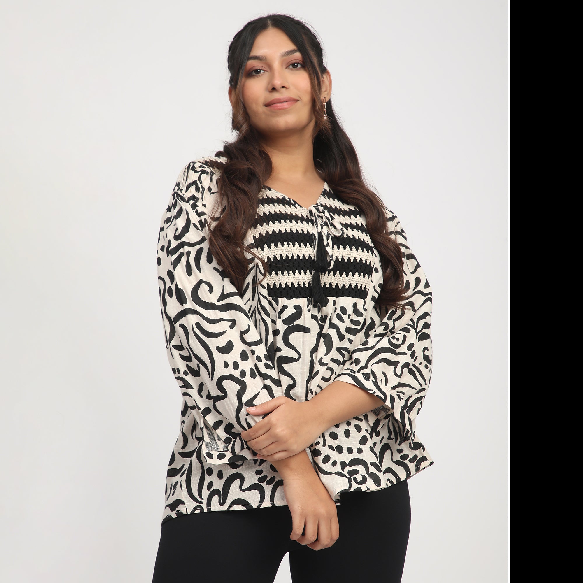 Beige & Black Plus-Size Abstract Print Top with Crochet Yoke