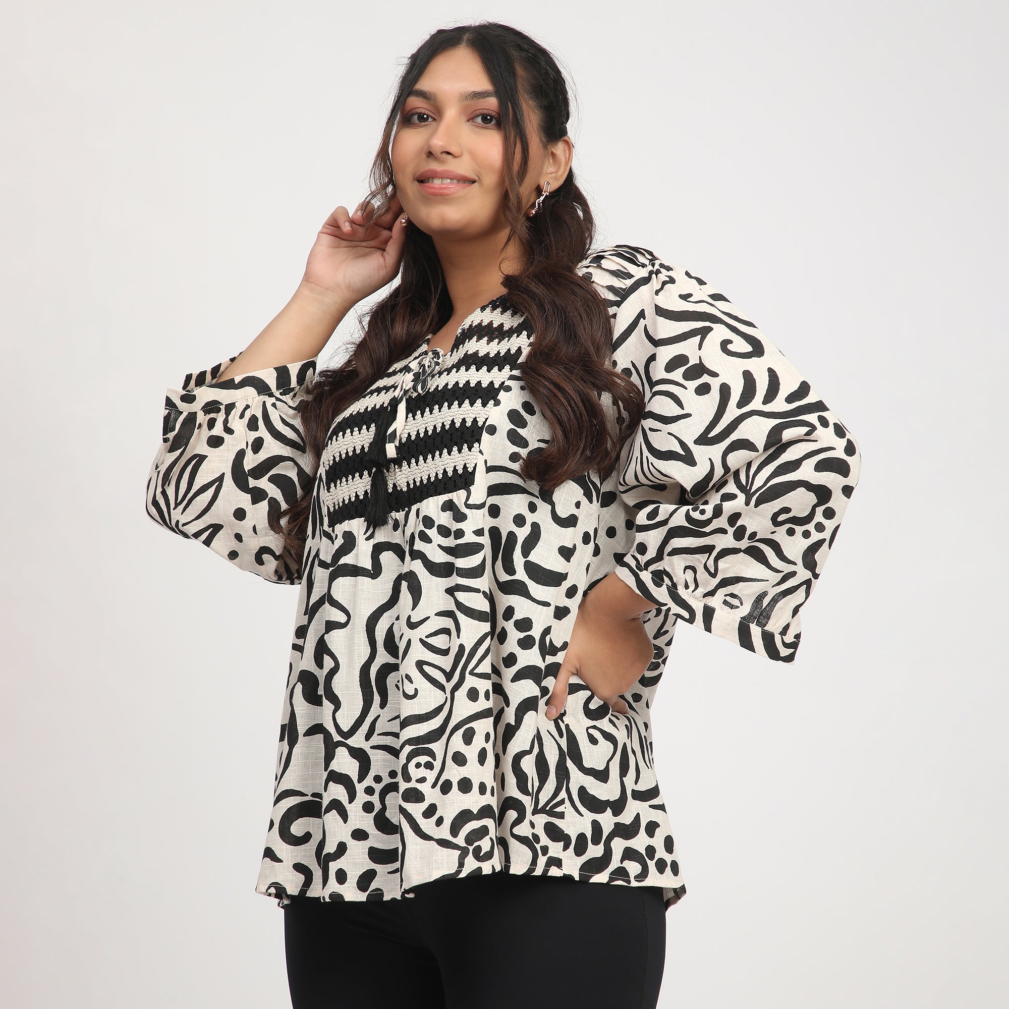 Beige & Black Plus-Size Abstract Print Top with Crochet Yoke